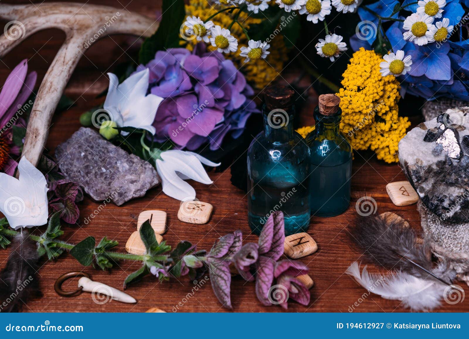Witchcraft Concept with Potions, Herbs and Occult Equipment Stock Image