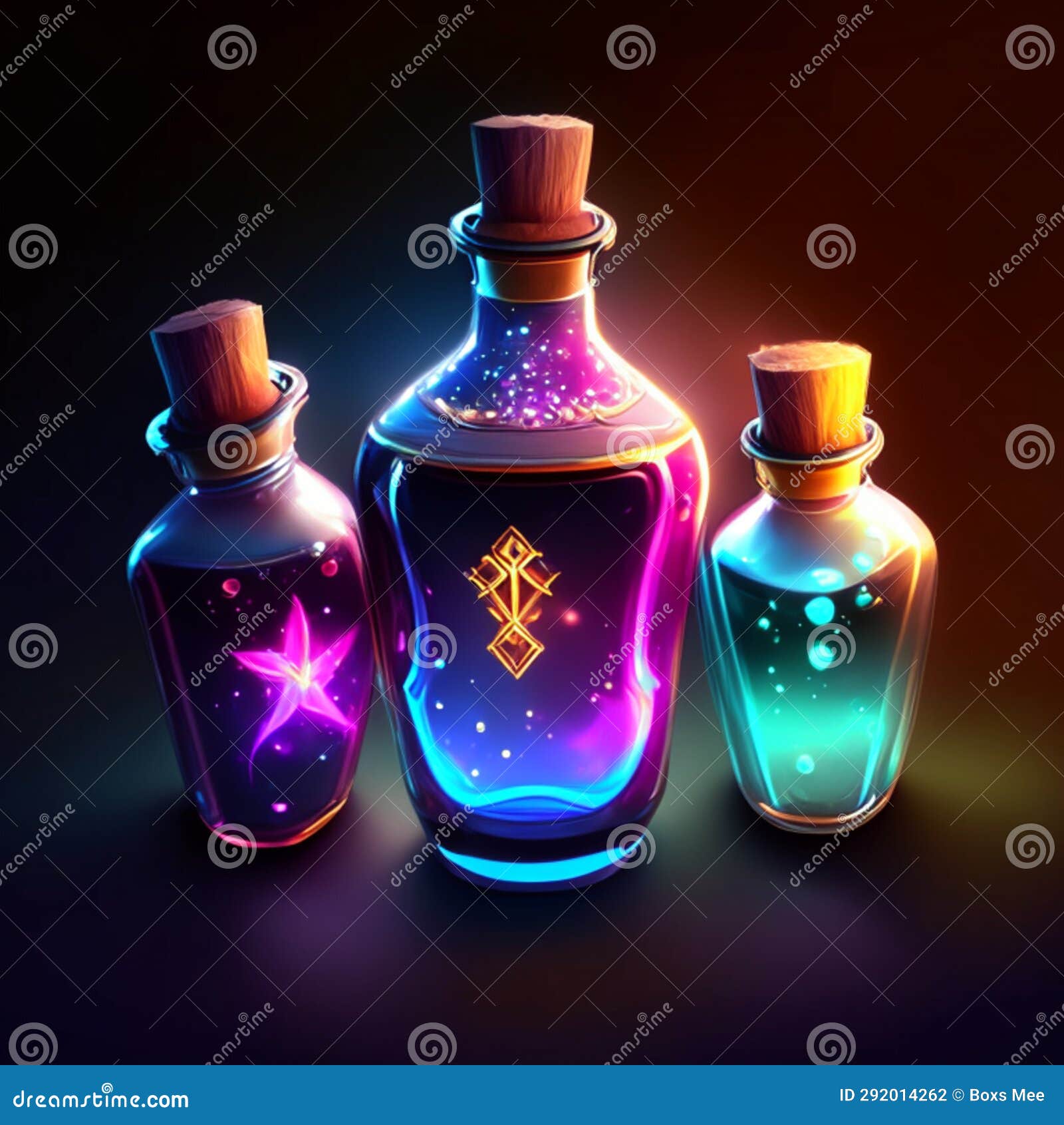 Magic Potion Bottles with Magic Elixir on Dark Background. Vector