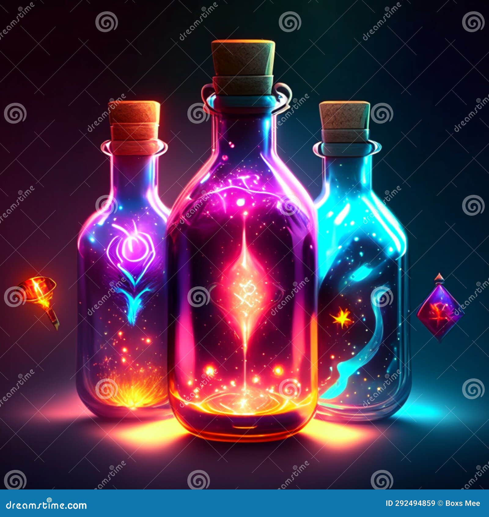 Magic Potion Bottles with Magic Elixir on Dark Background. Vector