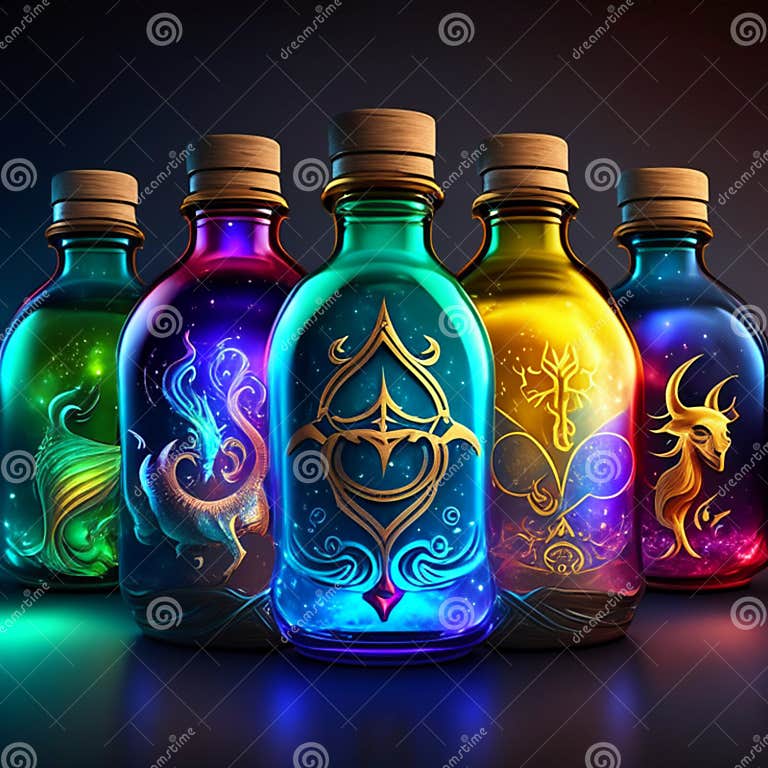 Magic Potion Bottles with Magic Symbols on Dark Background. Vector