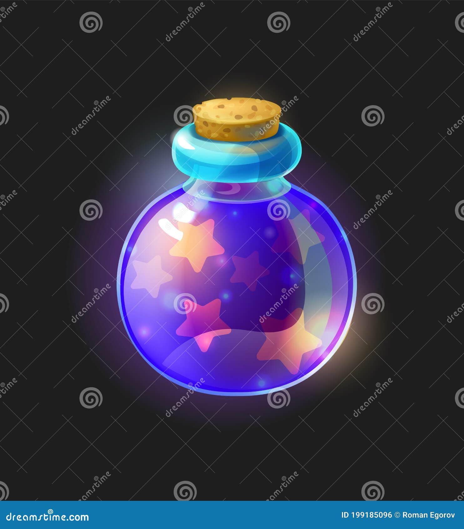 magic potion. violet substance in closed tube, round form phial with star shining liquid. computer video game wizardry