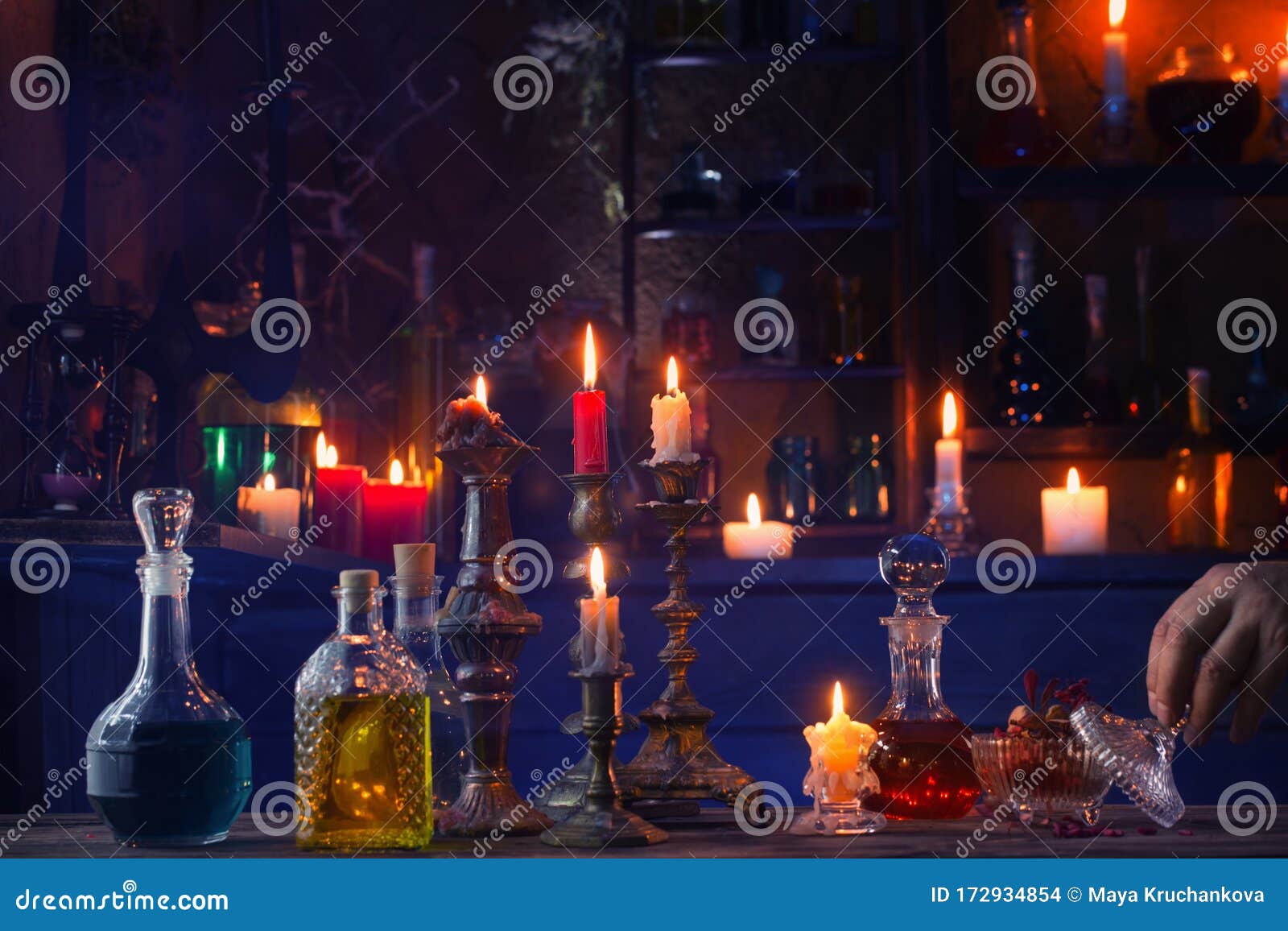 Magic Potions in Bottles on Wooden Background Stock Photo - Image of