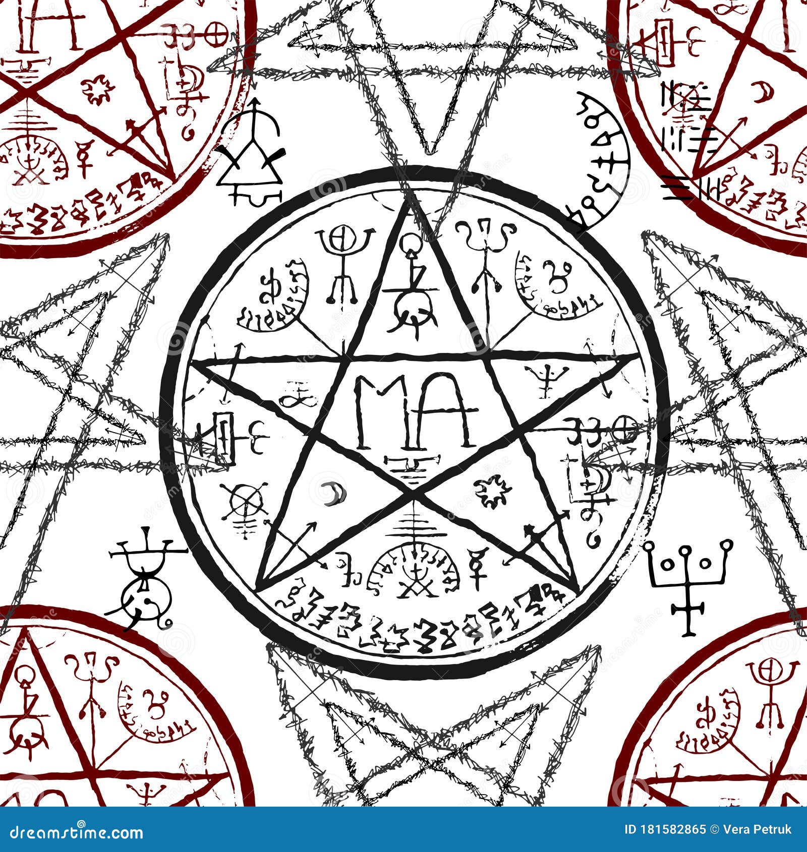 Seamless Pattern With Devil And Alchemy Signs, Magic Seals On