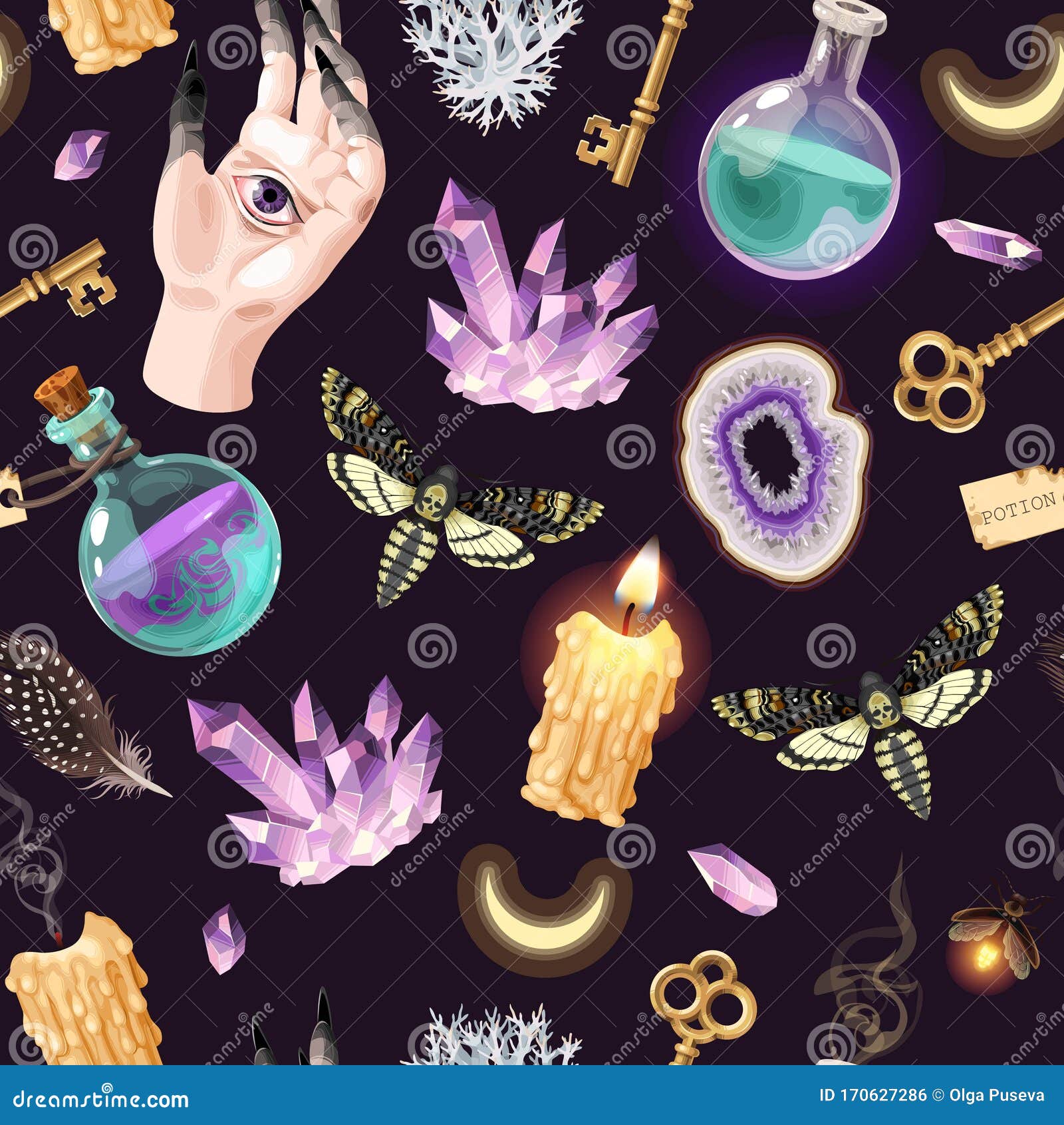 Magic Seamless Pattern with Glass Flask and Candle Stock Vector Illustration of magical