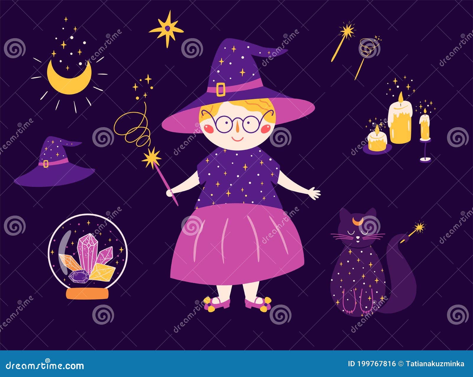 Download Magic Set Icons Witch Magic Cat Crystals Cute Halloween Elements Witchcraft Symbols Violet Magical Clip Art Stock Vector Illustration Of Element Character 199767816