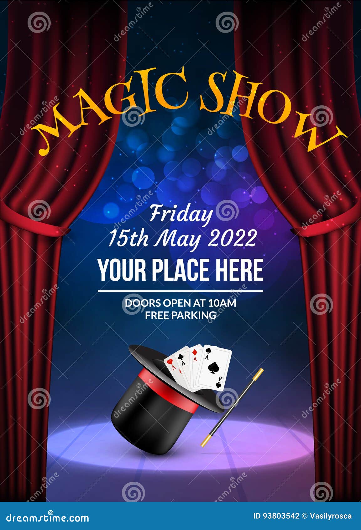 magic show poster  template. illusion magical  background. theater magician flyer with hat trick
