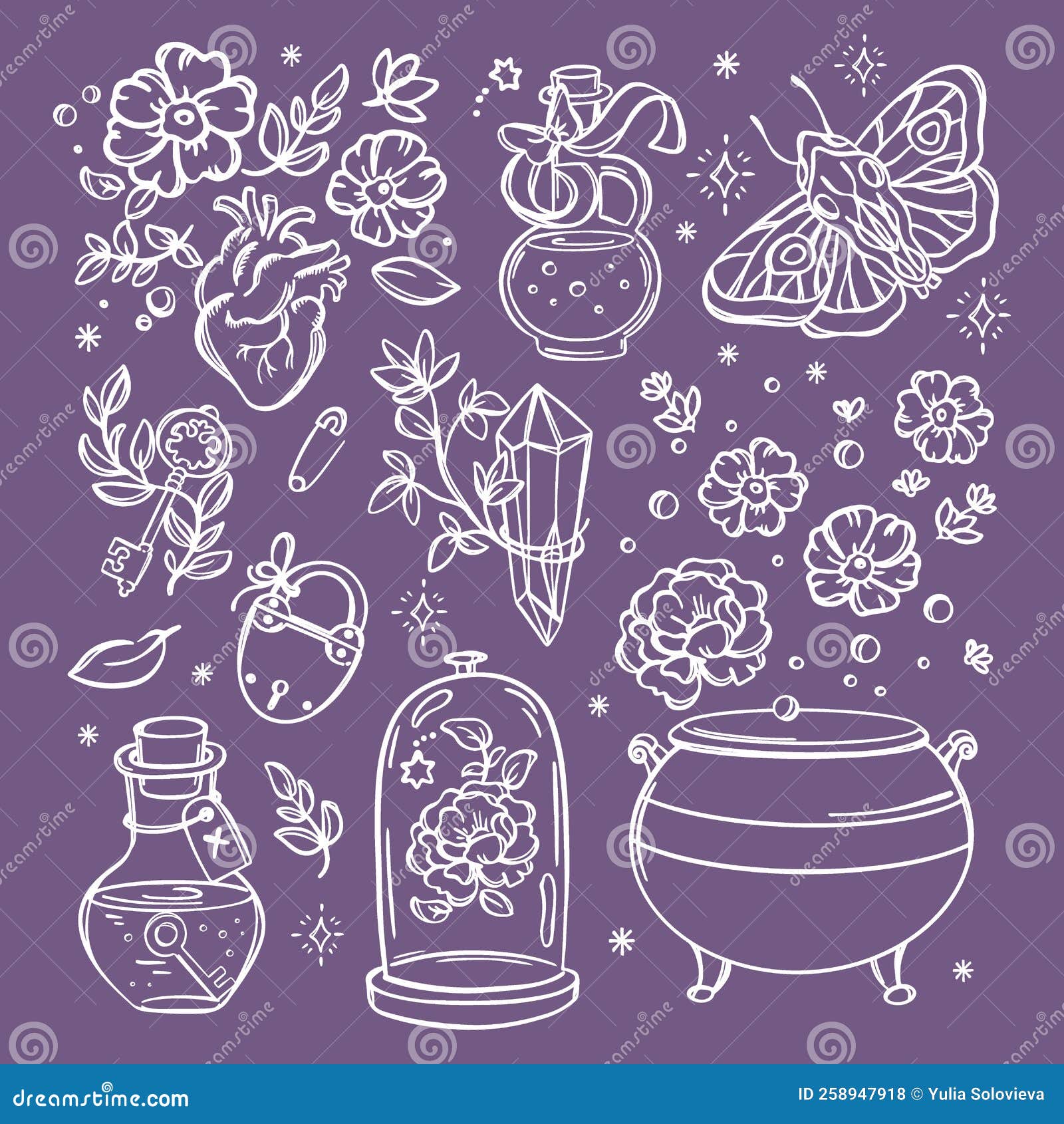 Witchcraft Set. Collection Of Wiccan Magical Items Doodles For Occult ...