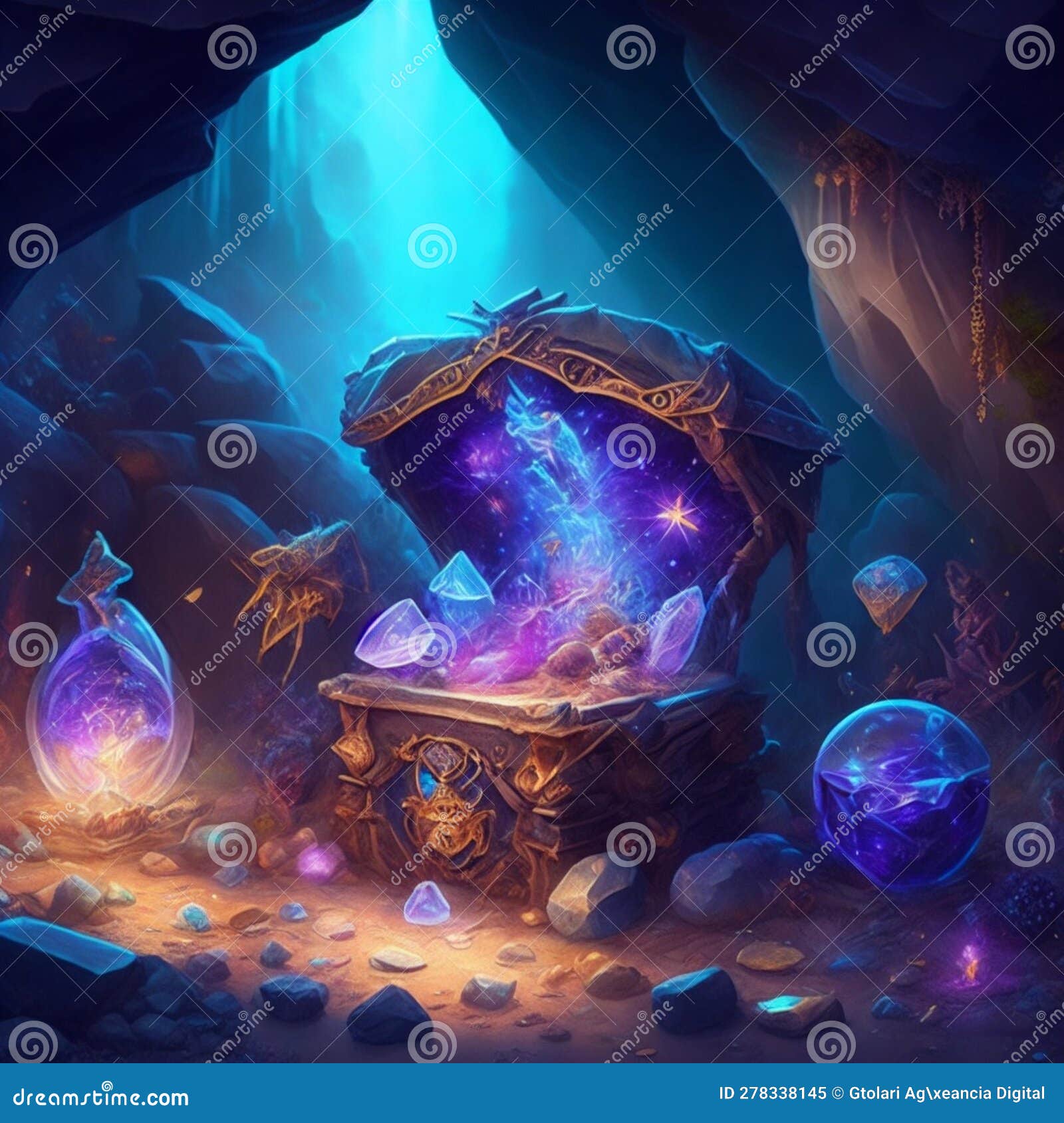 A golden treasure chest with one diamond in the chest have a lot of  treasure and a glowing bule magic stone