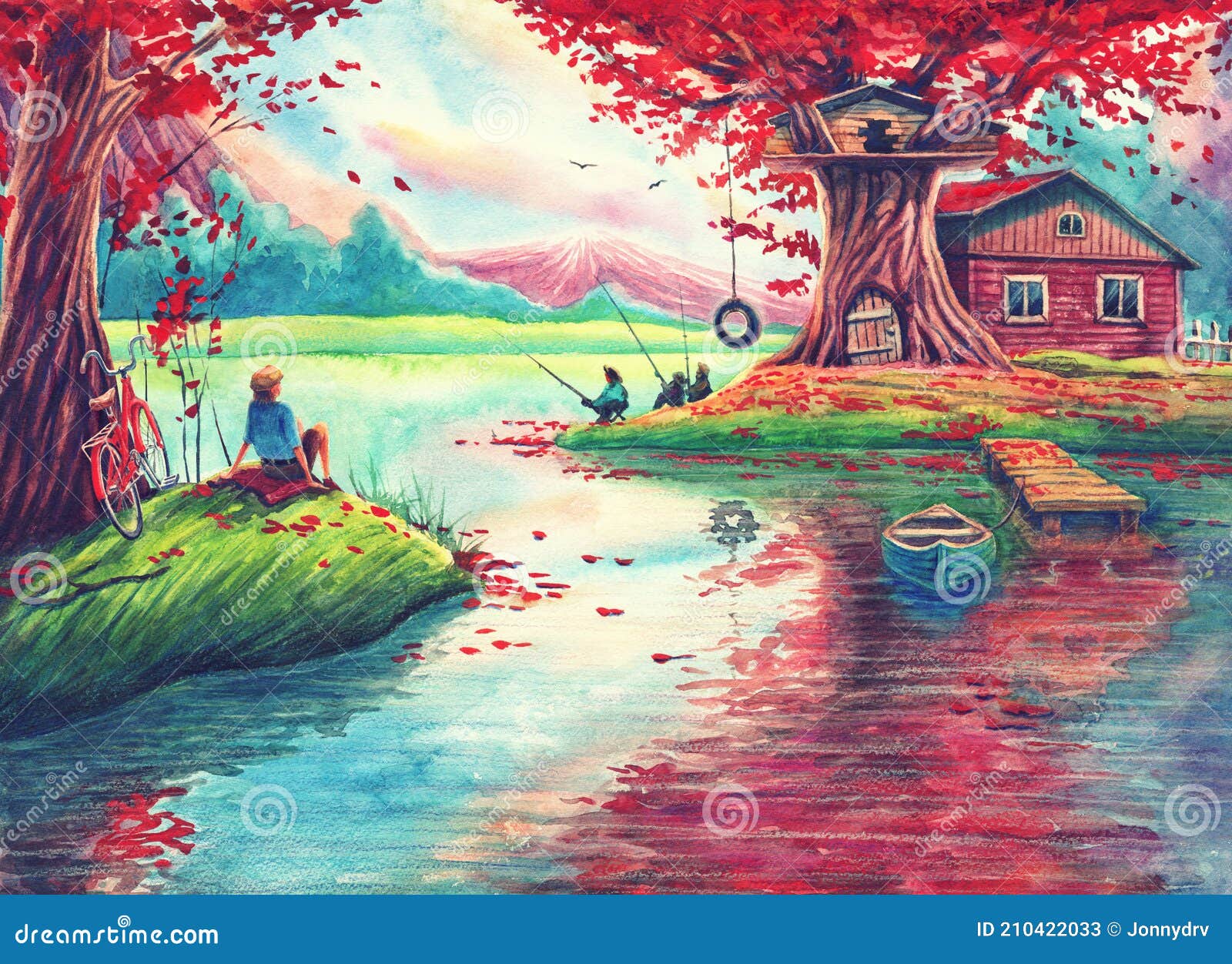 Magic Watercolor Landscape Painting Art with Pink Trees, Lake, Fishing  Lodge, Fantasy Forest, Hand Drawn Nature Illustration Art Stock  Illustration - Illustration of drawn, clouds: 210422033