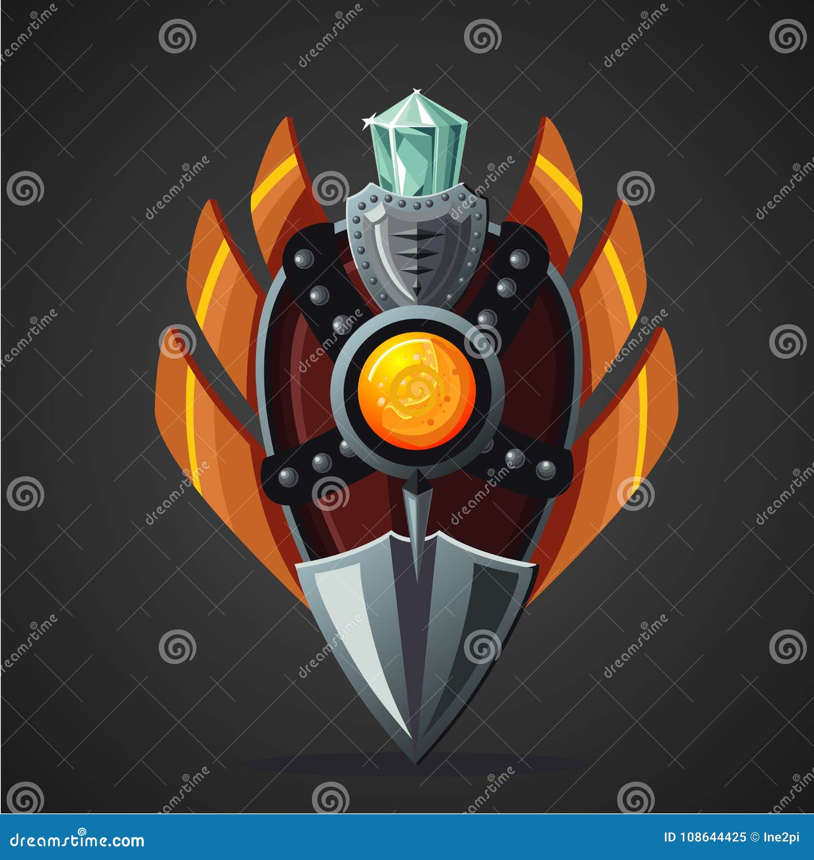 Fantasy Shield Magic Weapon With Crystal Game Design Concept