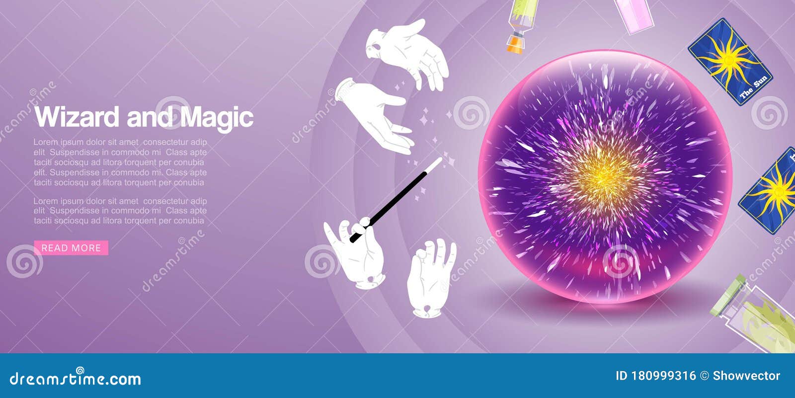 magic and wizard show banner with magic wand in gloves, sphere magician perfomance  .