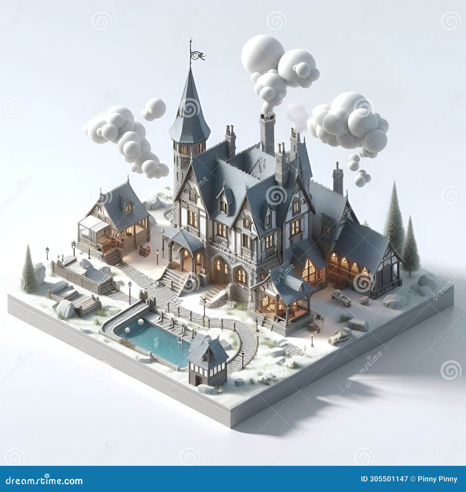 a magic wizards house with 3d render, games , on white background, vray renderimg, monomer building, isometric perspective
