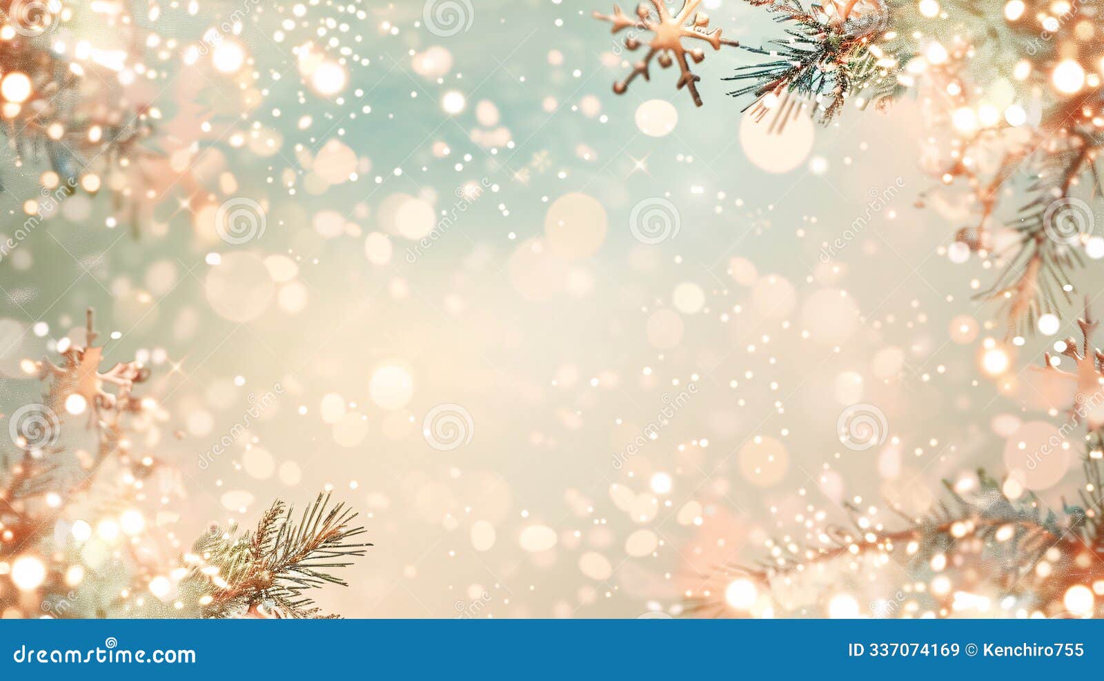 a magical christmas scene with sparkling lights and snowflakes, framed by evergreen branches, creating festive and