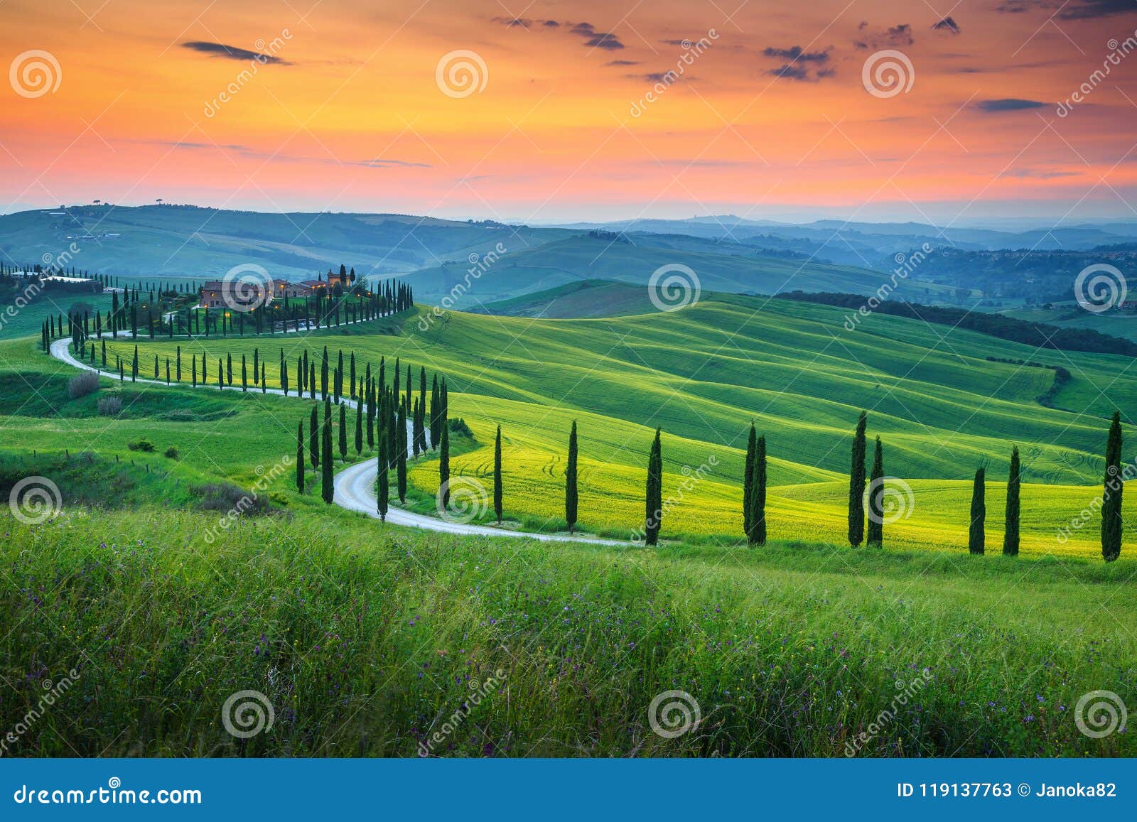 famous tuscany landscape with curved road and cypress, italy, europe