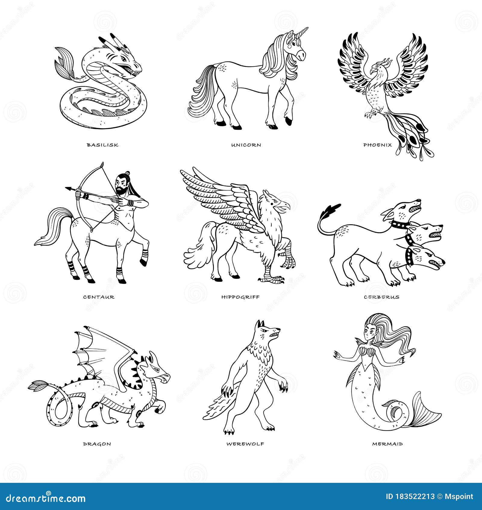Magical Creatures Set. Mythological Animals. Doodle Style Black ...