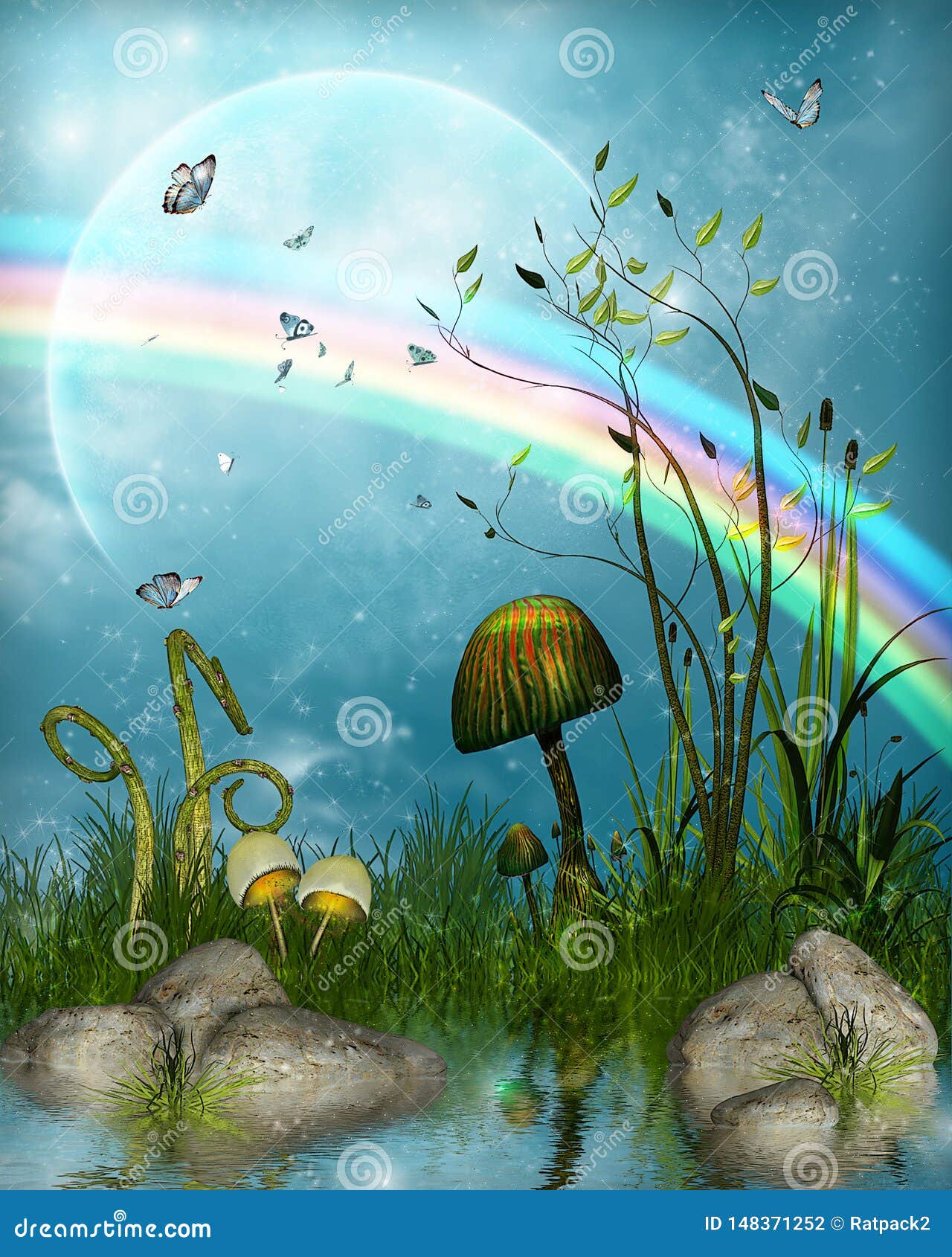 magical fairytale landscape under a rainbow