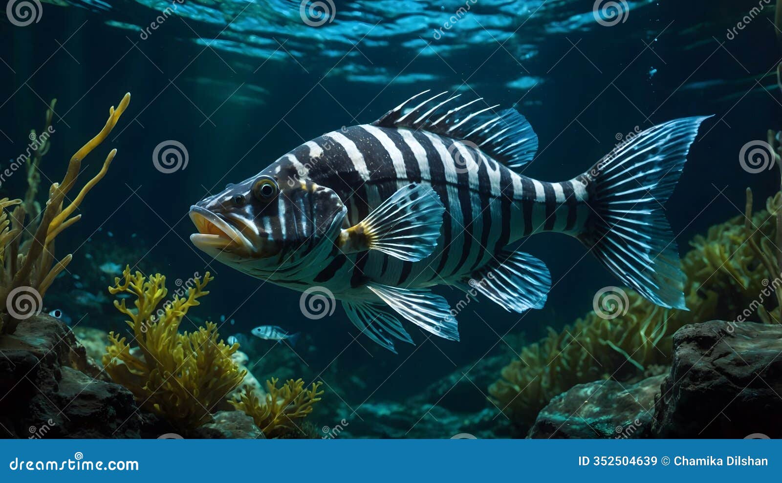 magical flow: the tigerfish in a glowing aquatic landscape