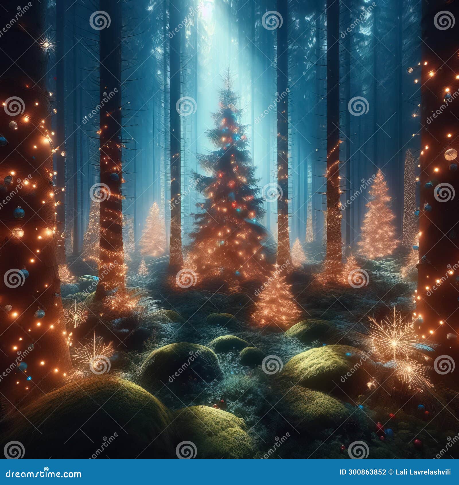 Magical Forest with Christmas Trees and Glowing Lights, Generative AI