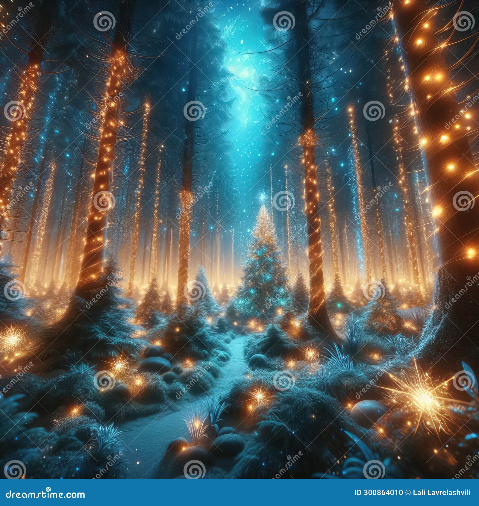 Magical Forest with Christmas Trees and Glowing Lights, Generative AI