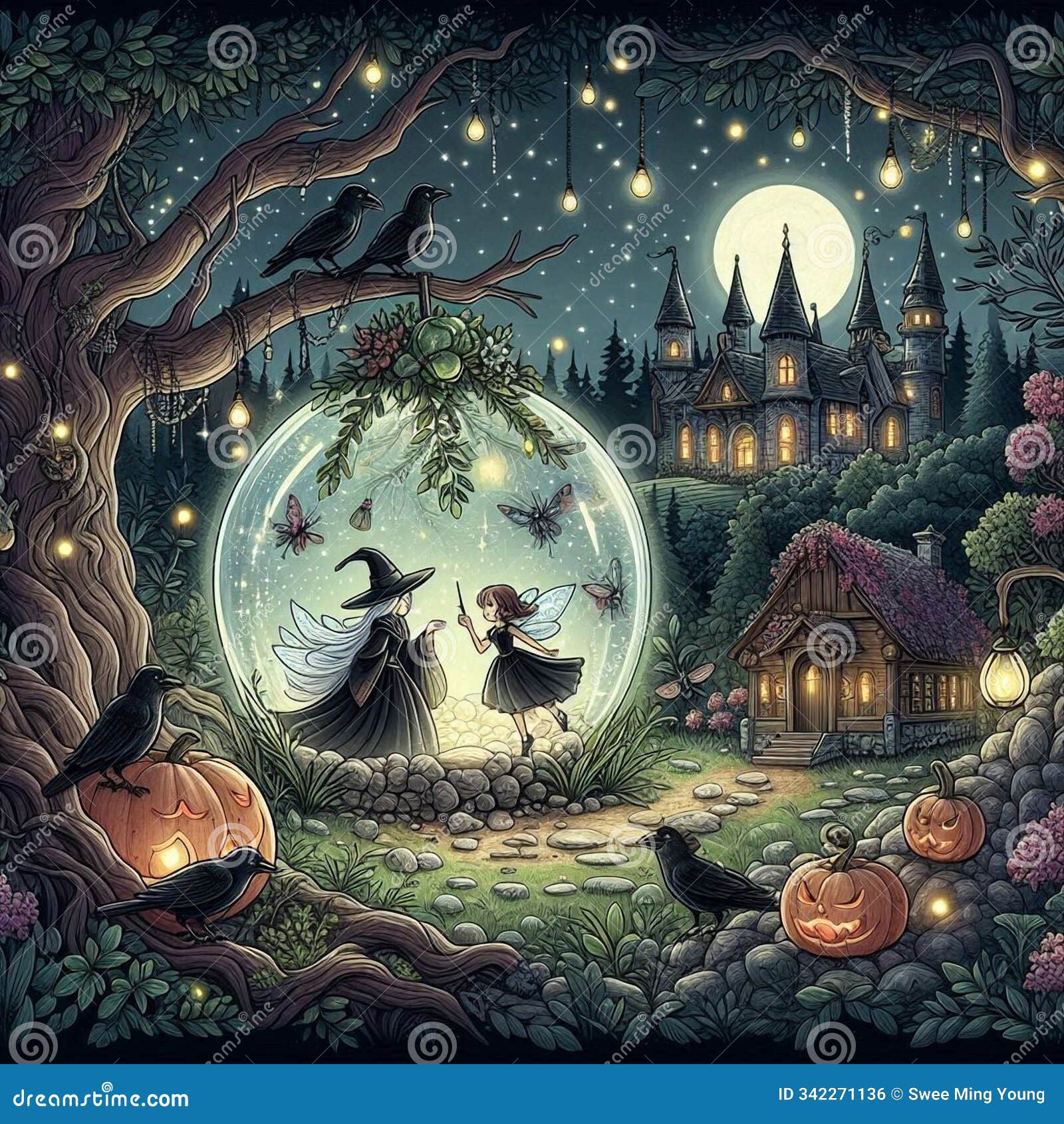 a magical forest with gothic s which witch and fairy loiter around the castle cliff.