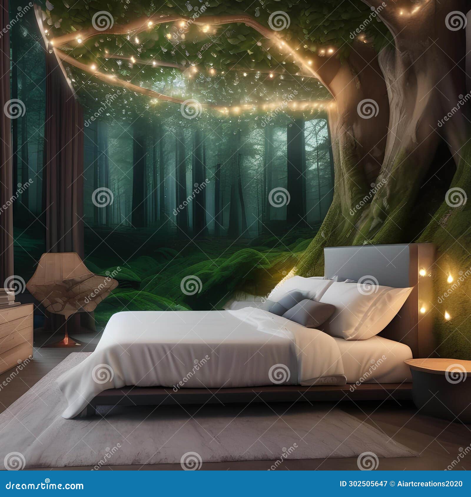 a magical forest-inspired bedroom with tree trunk bed frames, leaf-patterned wallpaper, and fairy lights3