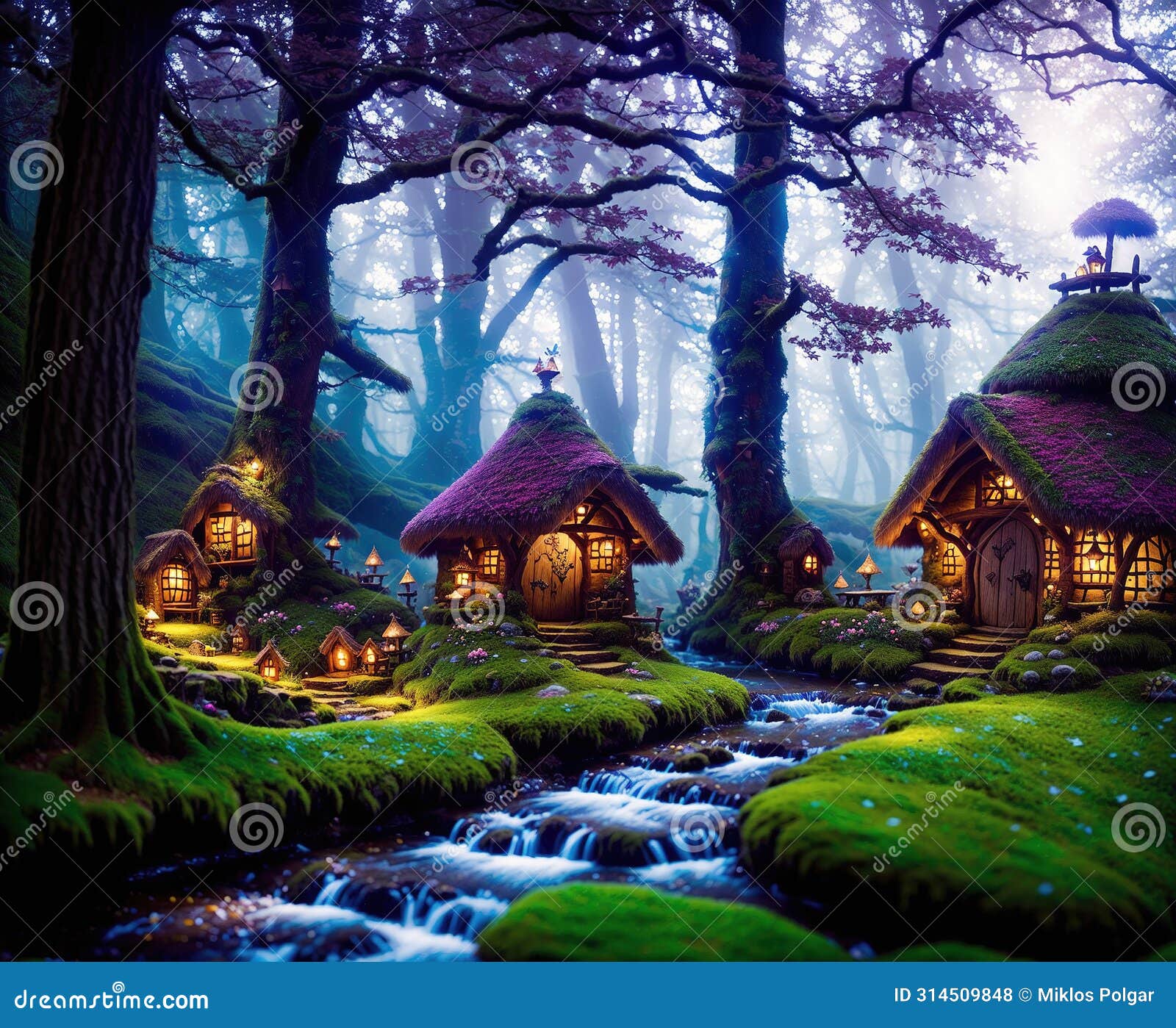 a magical forest with tiny houses and a stream running through it.