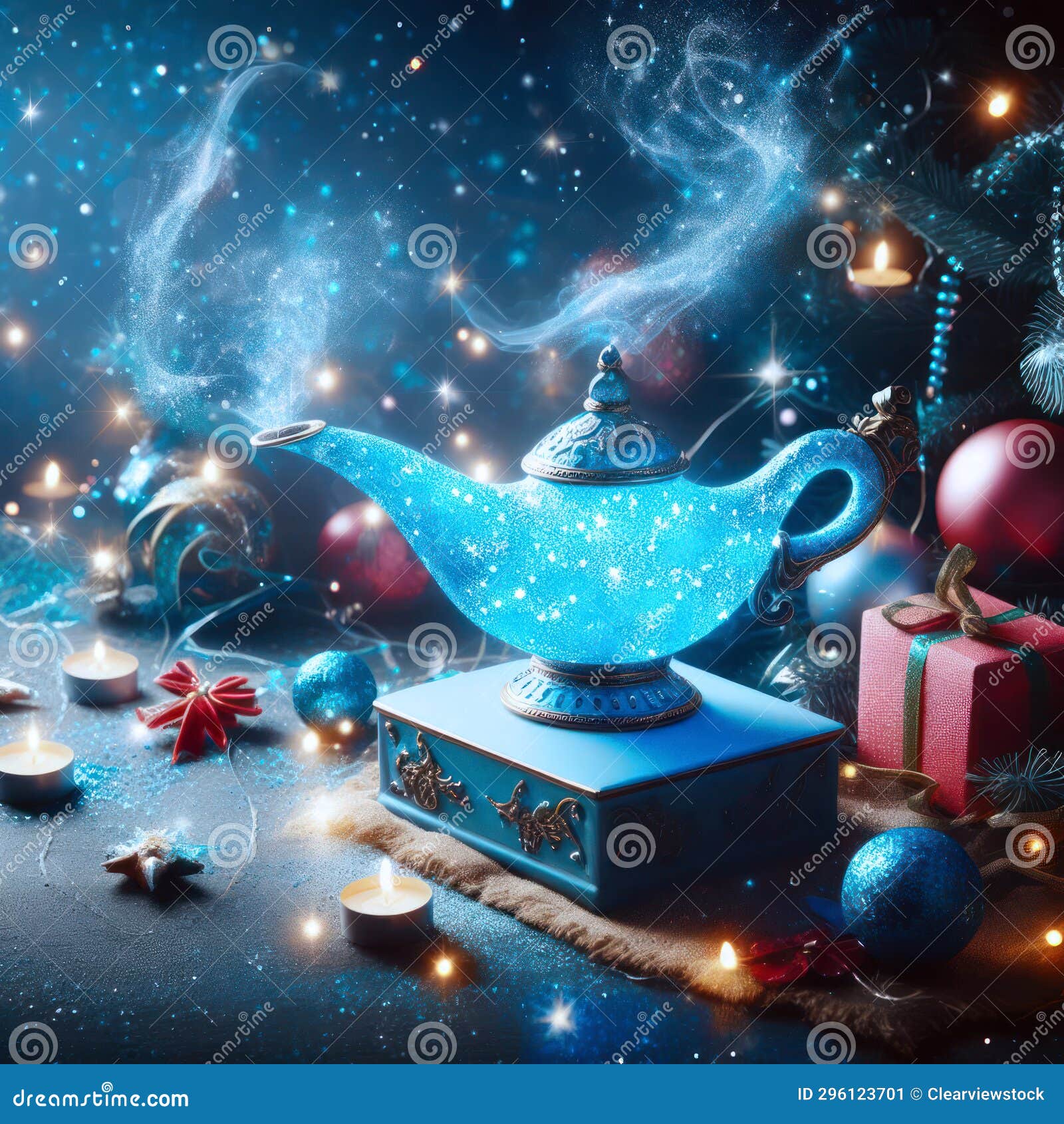 Magical Genie Lamp at Christmas Time Stock Illustration Illustration