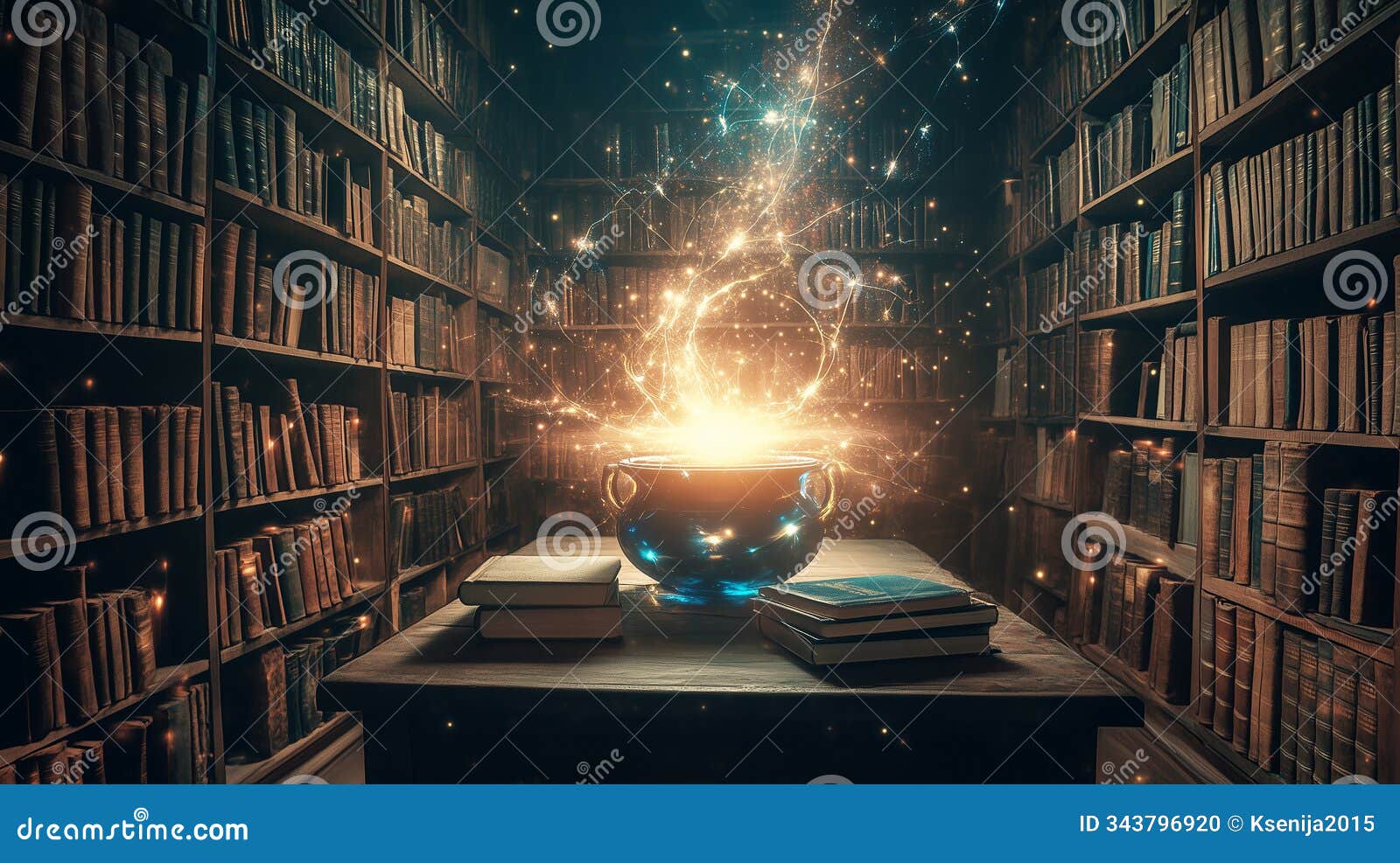 magical library with ancient books and a glowing cauldron emitting fiery light, creating a mystical, enchanting atmosphere filled