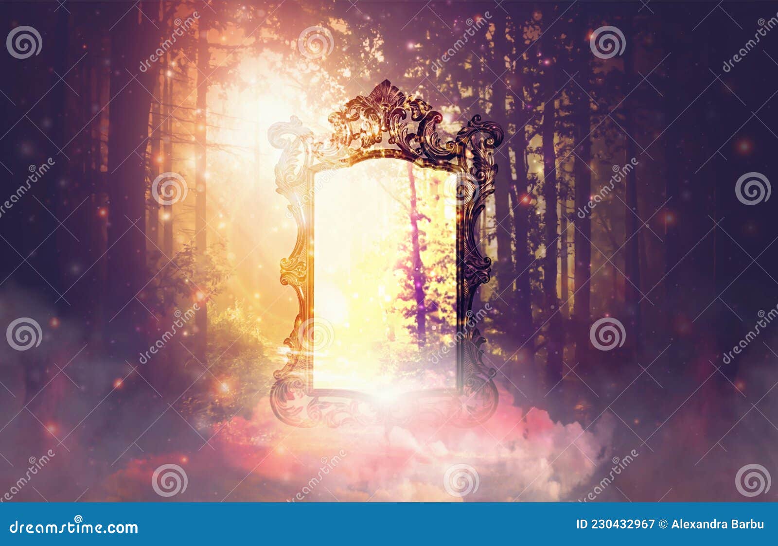 magical glowing light in the enchanted forest, mirror like a portal, spirit world