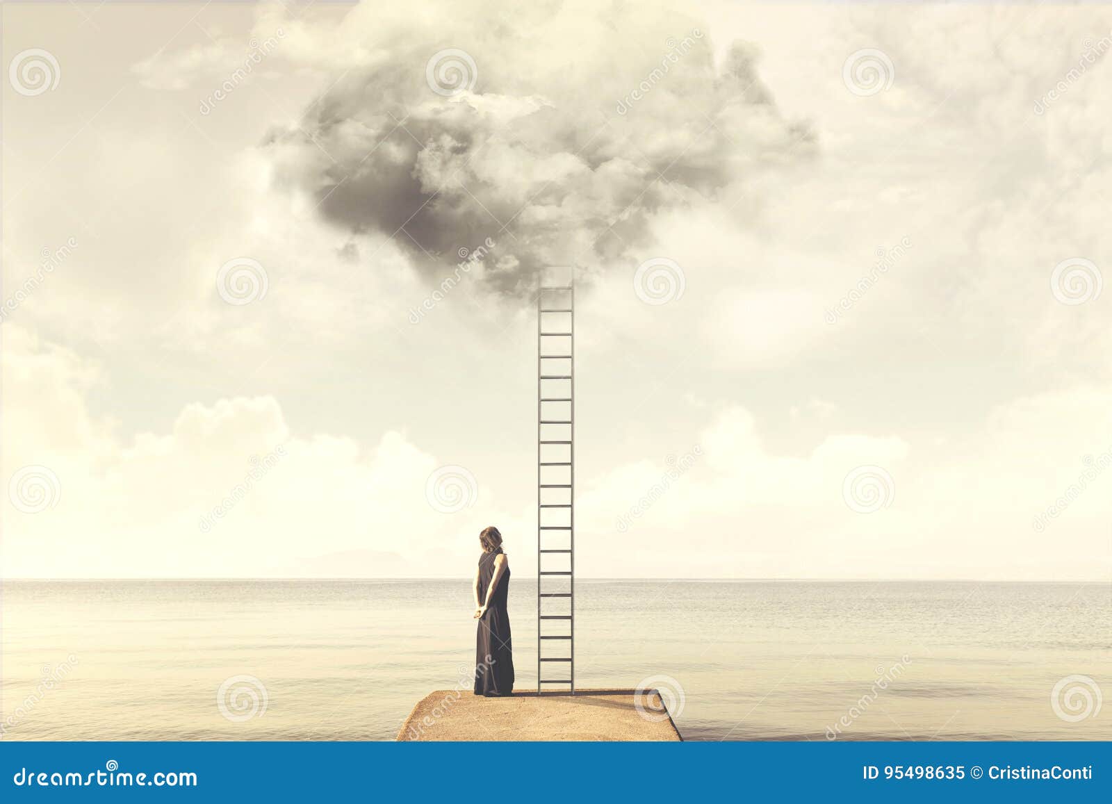 surreal moment of woman climbing an imaginary scale to the clouds