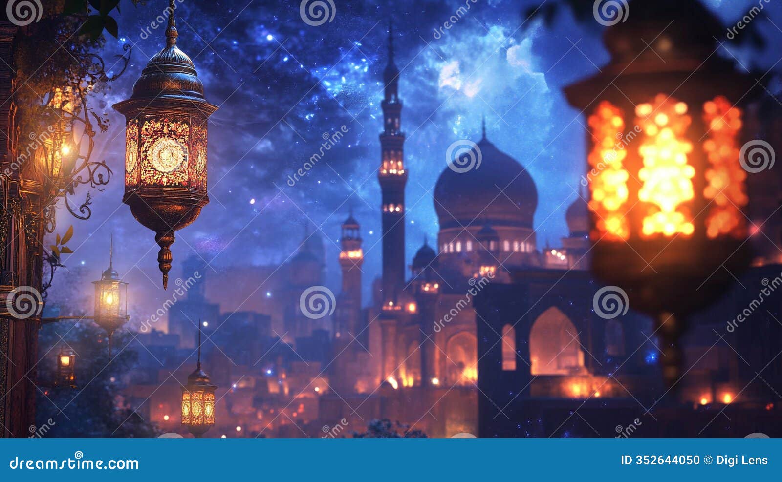 magical night in arabian city illuminated lanterns mosque stars