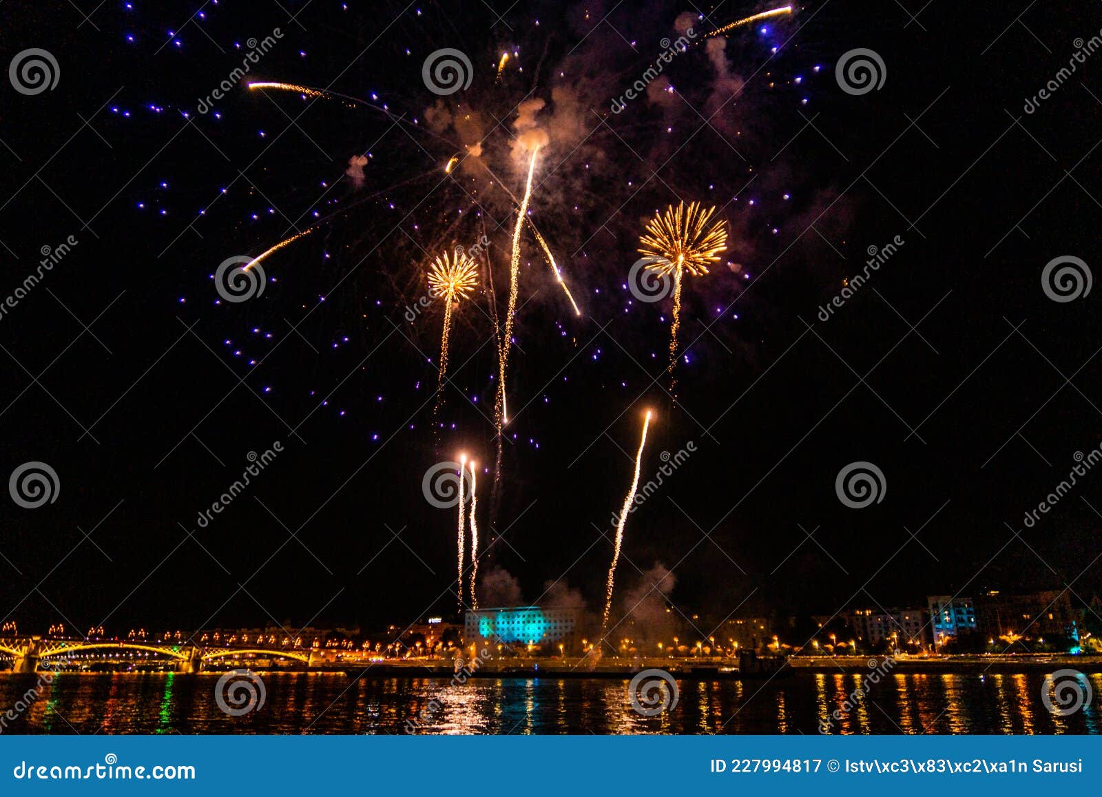 A Magical Night in Budapest with Firework Stock Image Image of