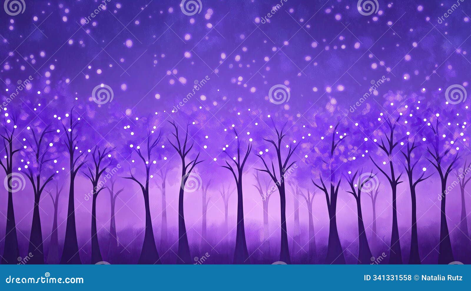 magical night forest with lavender lights and a deep purple sky creating a dreamy atmosphere at dusk