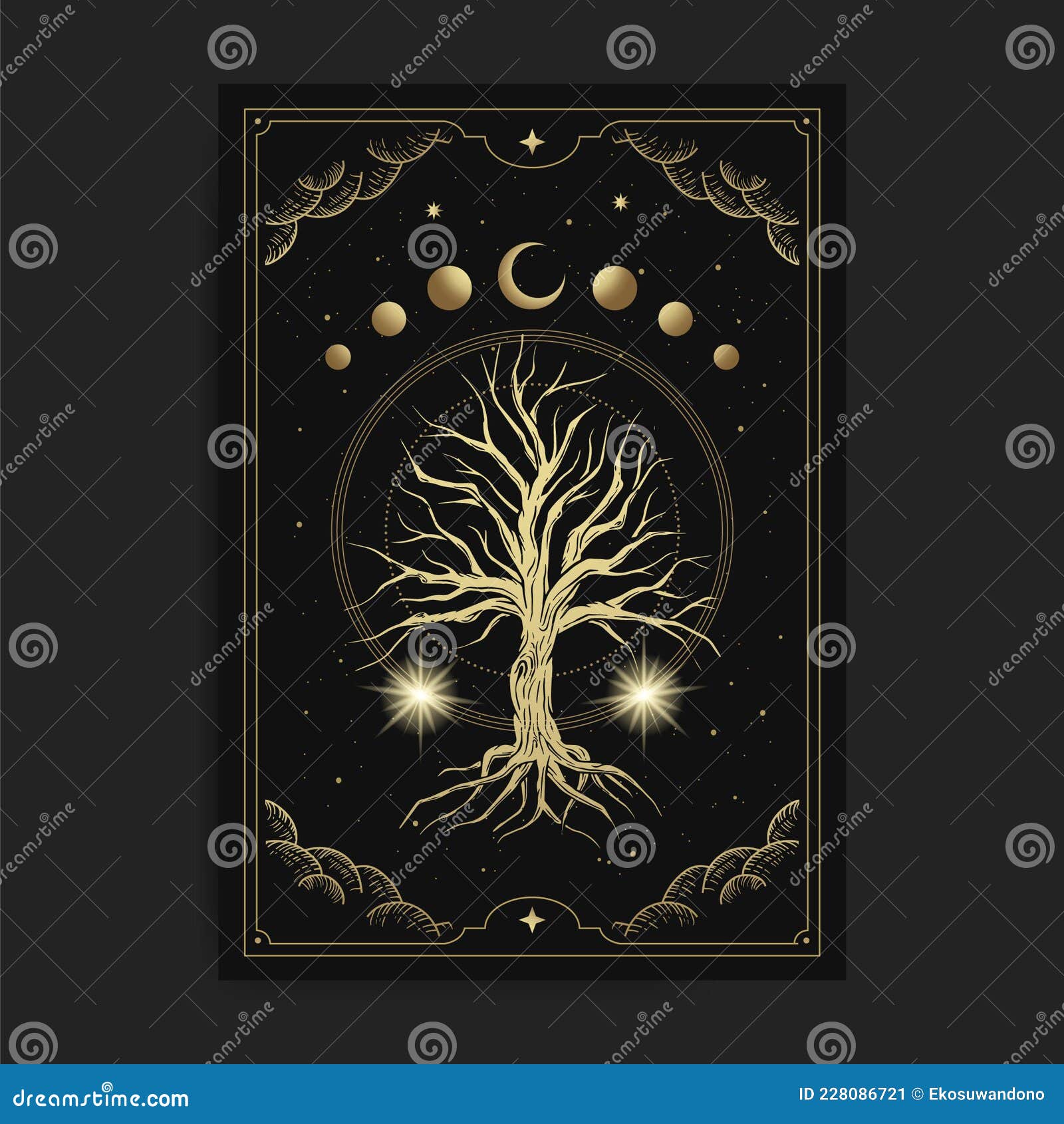 Sacred Tree Hand Drawn Mystical Moon Phases Tree Of Life Sacred