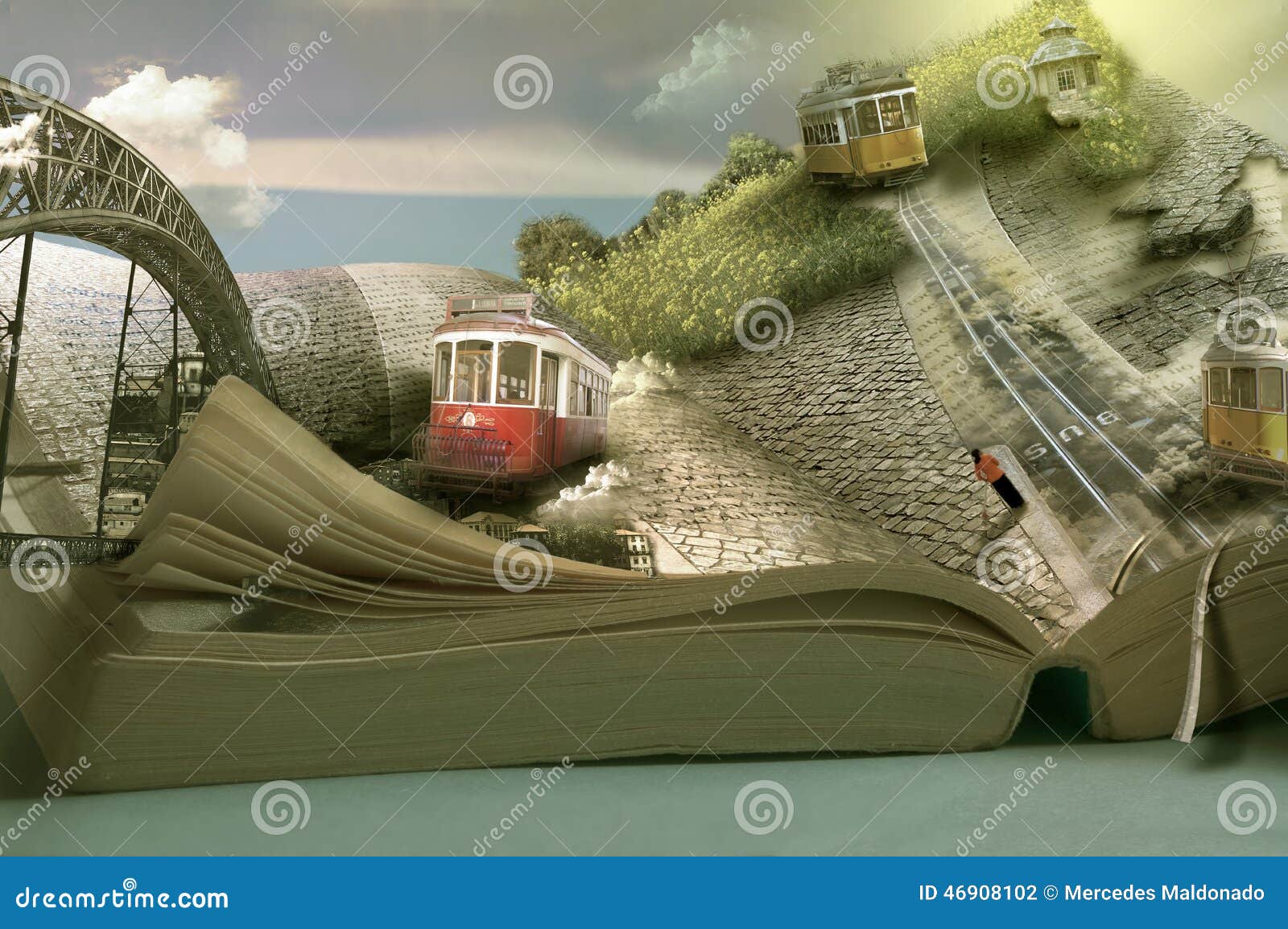 magical travel book, trams and towns. dimensional page open