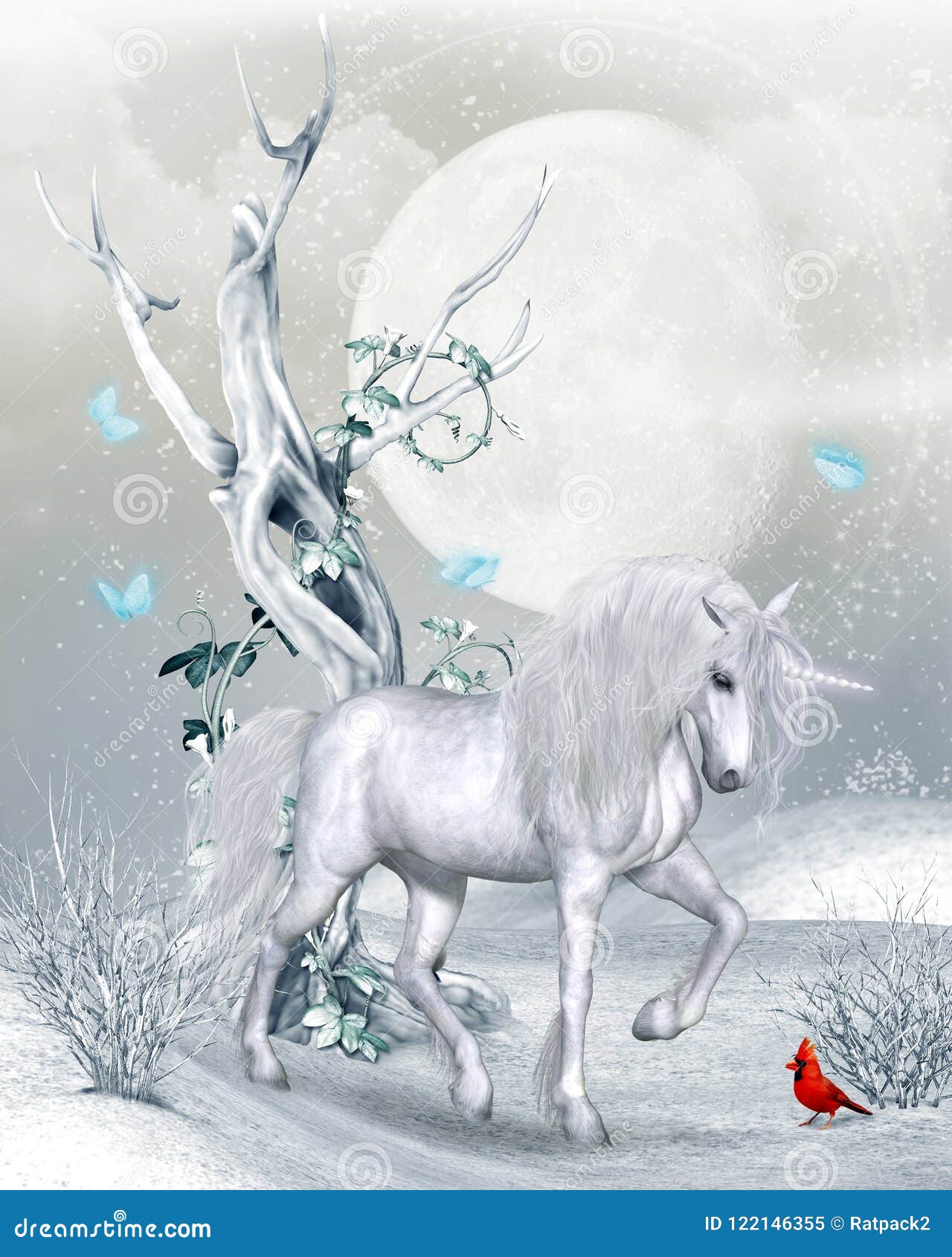 Magical Unicorn in Winter Landscape Stock Illustration - Illustration