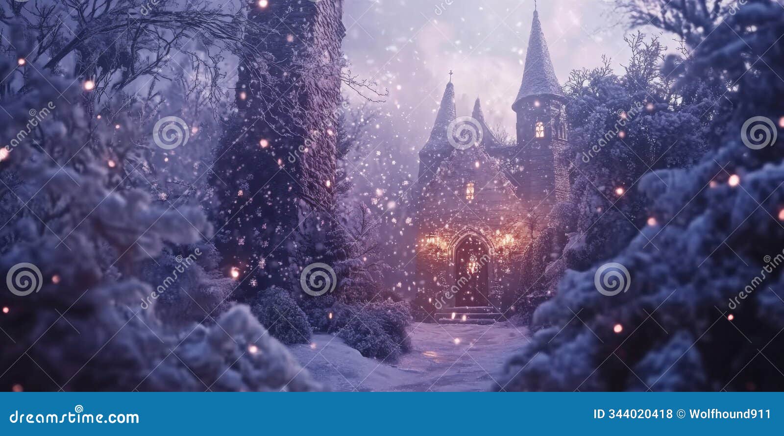 a magical winter scene with snowflakes falling softly, creating a serene