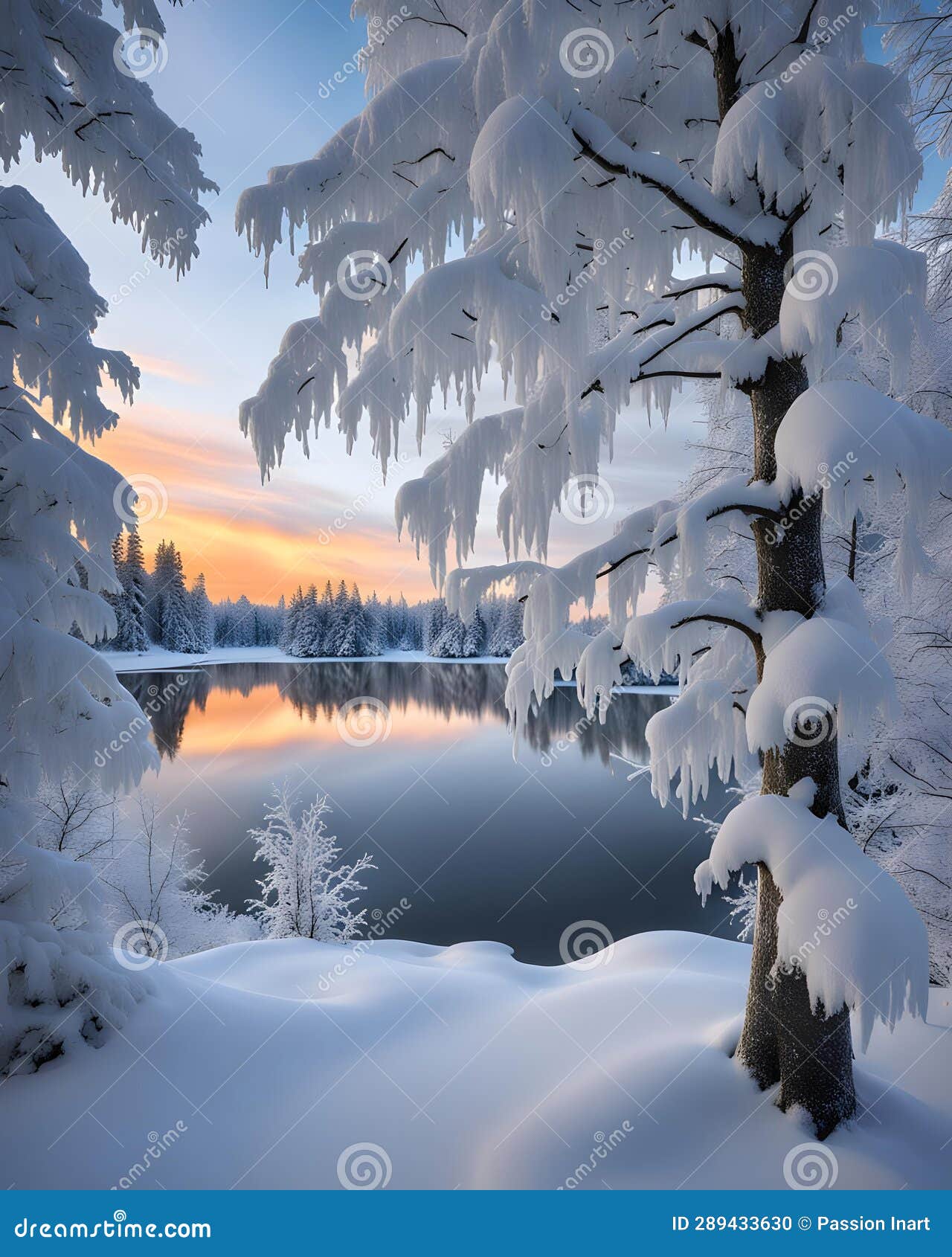 Magical Winter Wonderland with a Frozen Lake and Snow Covered Trees Stock  Illustration - Illustration of beauty, frost: 289433630