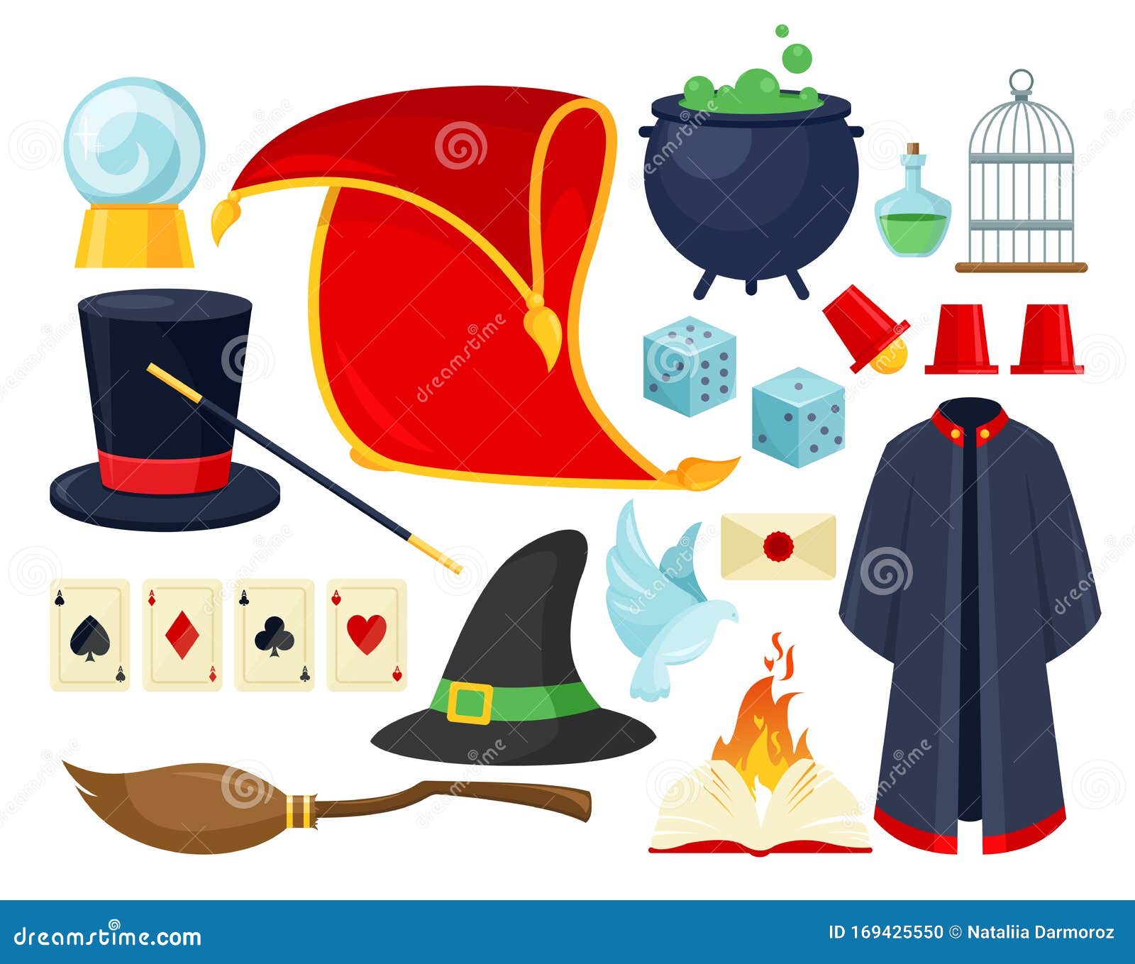 Magician Accessories Colorful Flat Vector Illustrations Set Stock