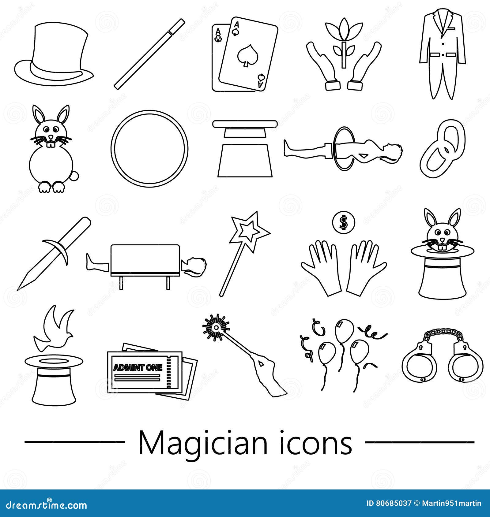 Magician and Magic Theme Set of Outline Icons Eps10 Stock Vector ...