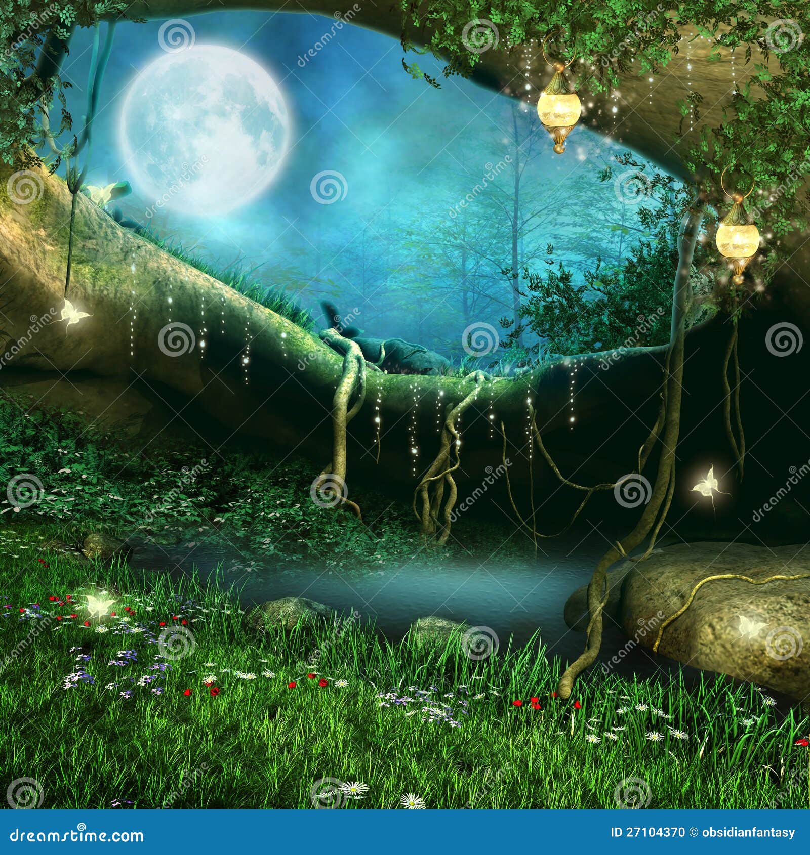 Magische Höhle Mit Laternen Stock Abbildung Illustration von wald
