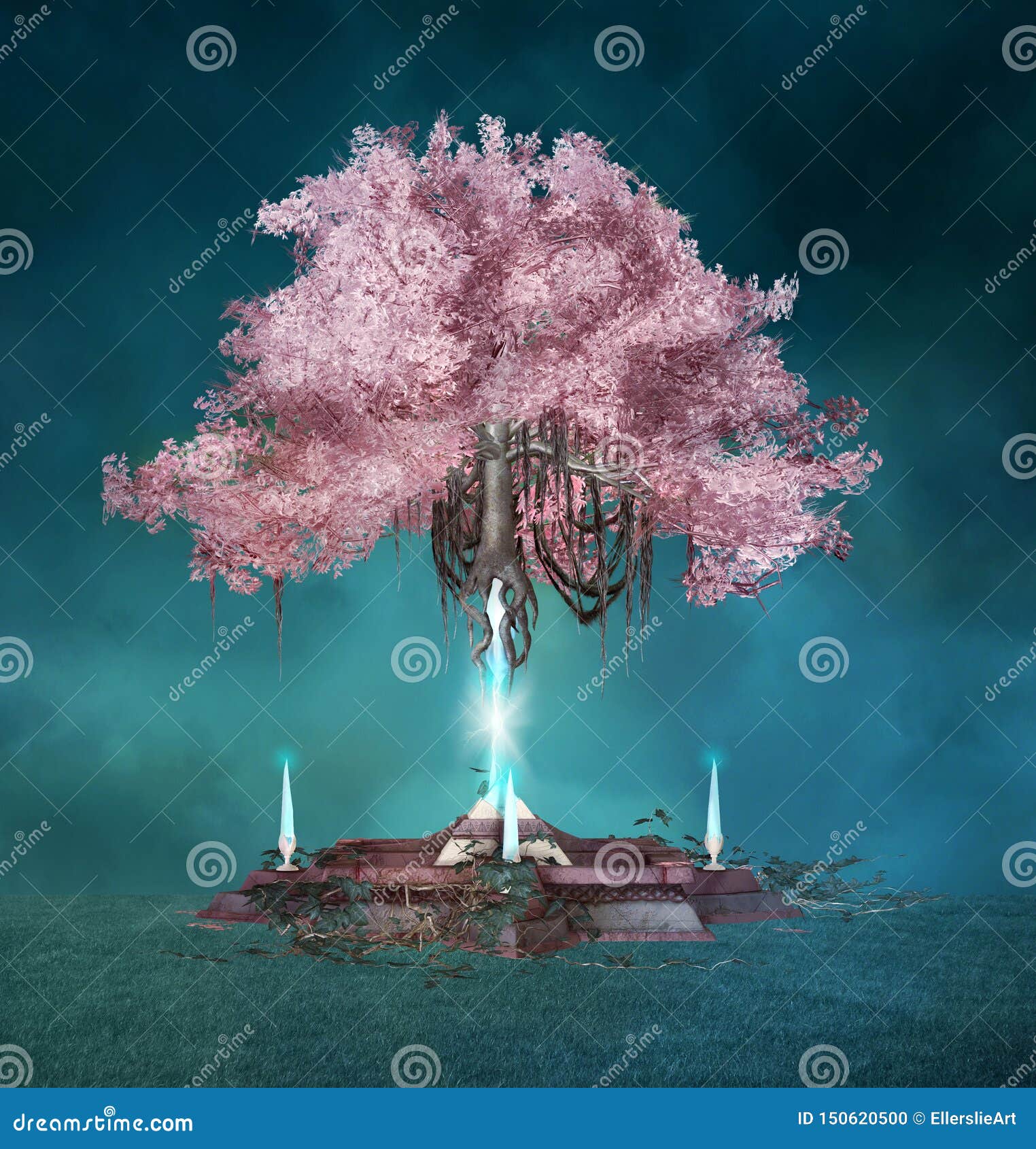 Magischer Rosa Baum in Der Blauen Nacht Stock Abbildung ...