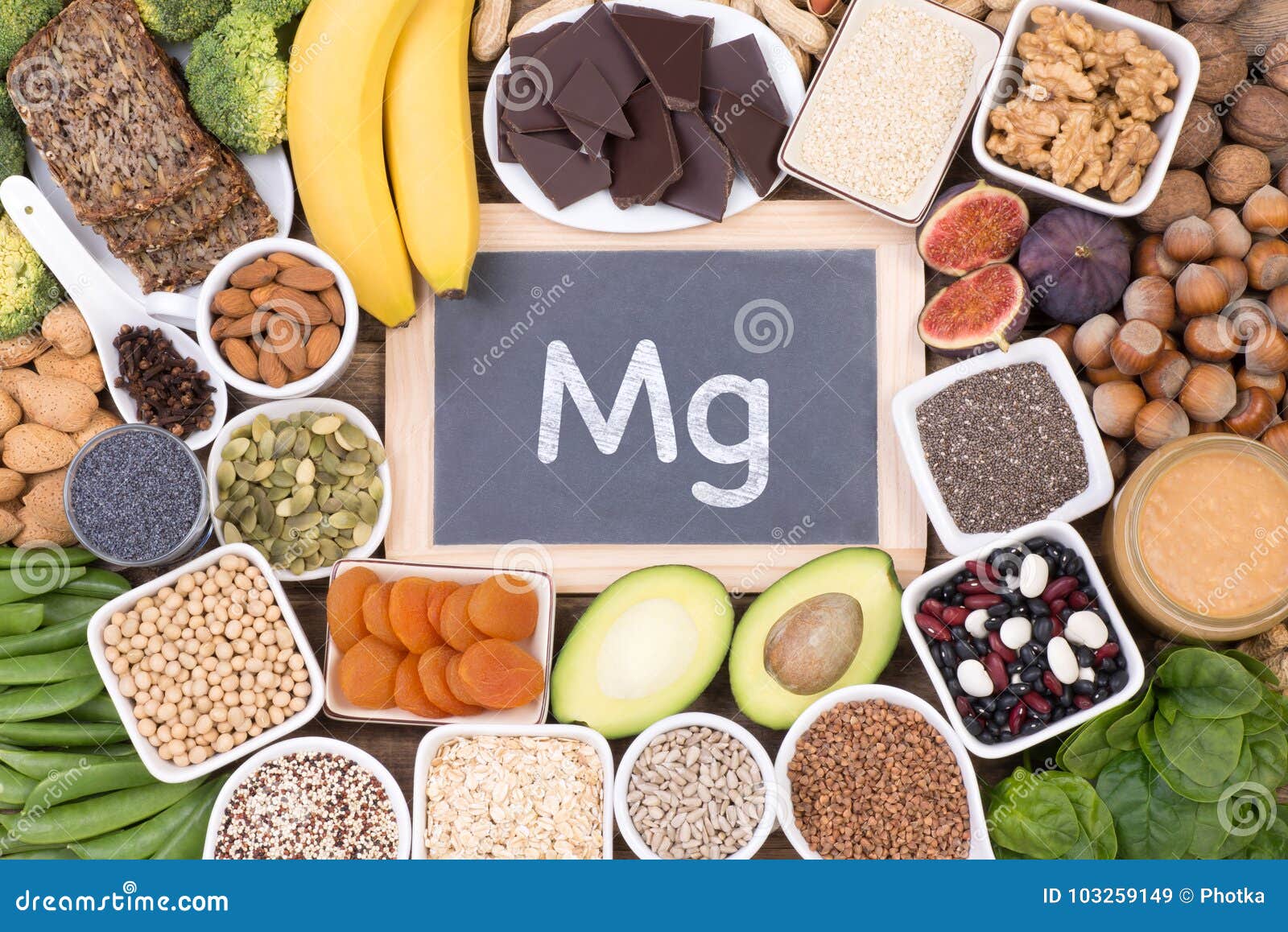 magnesium food sources, top view on wooden background