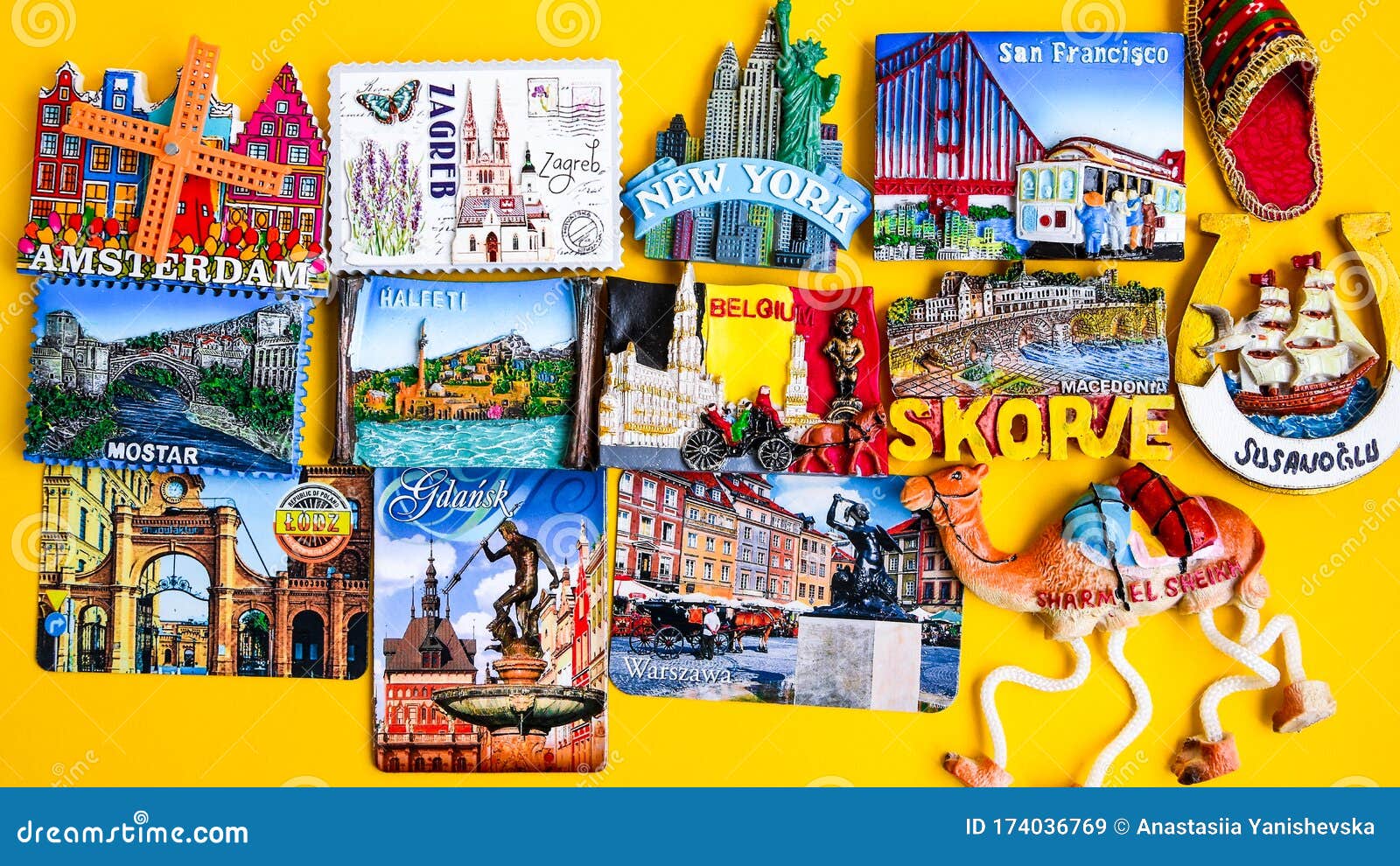 Magnets from Different Countries on Yellow Background, Travel Concept