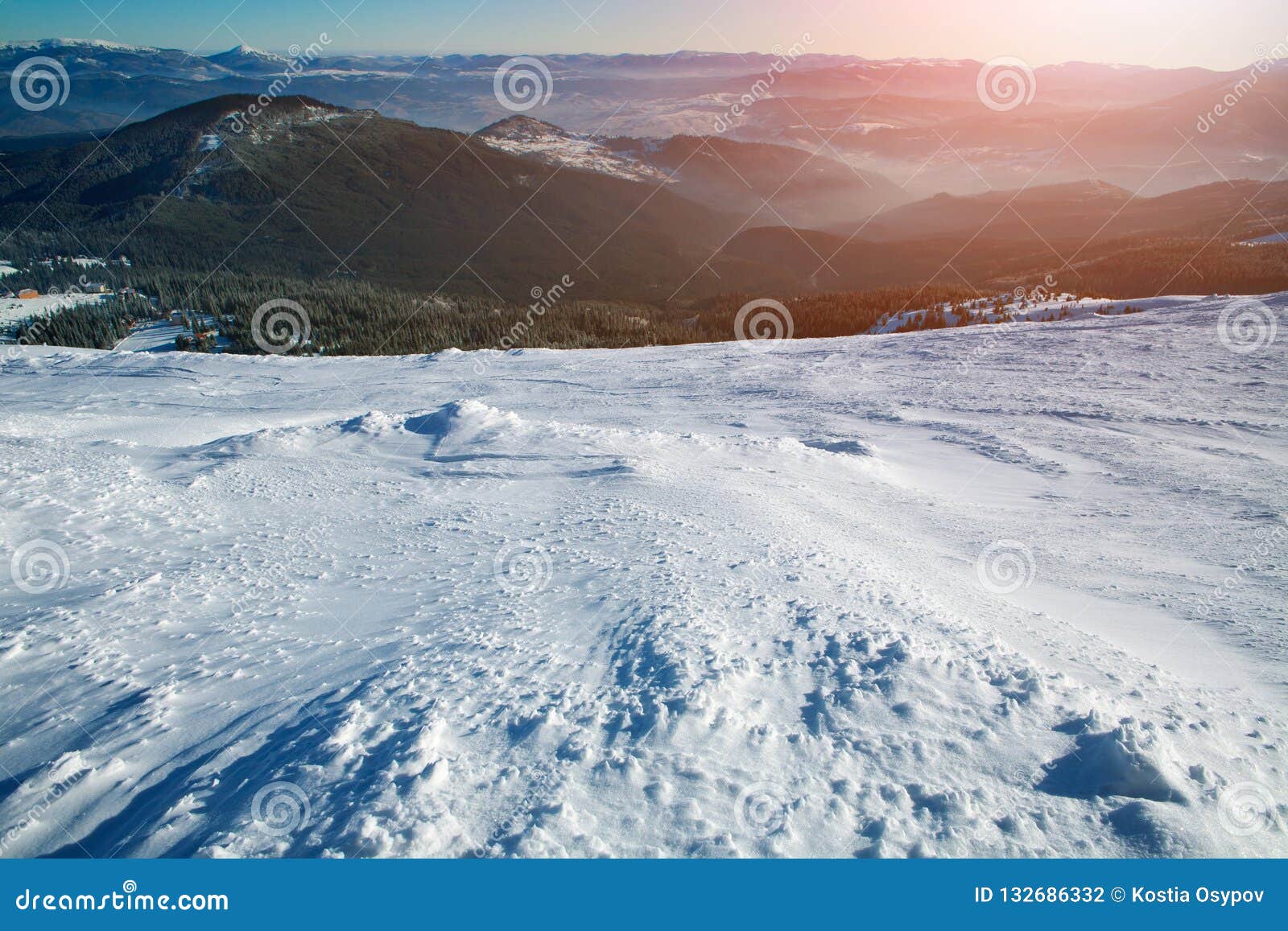 Magnificent Dawn In Winter Snowy Mountains Aerial View Stock Photo