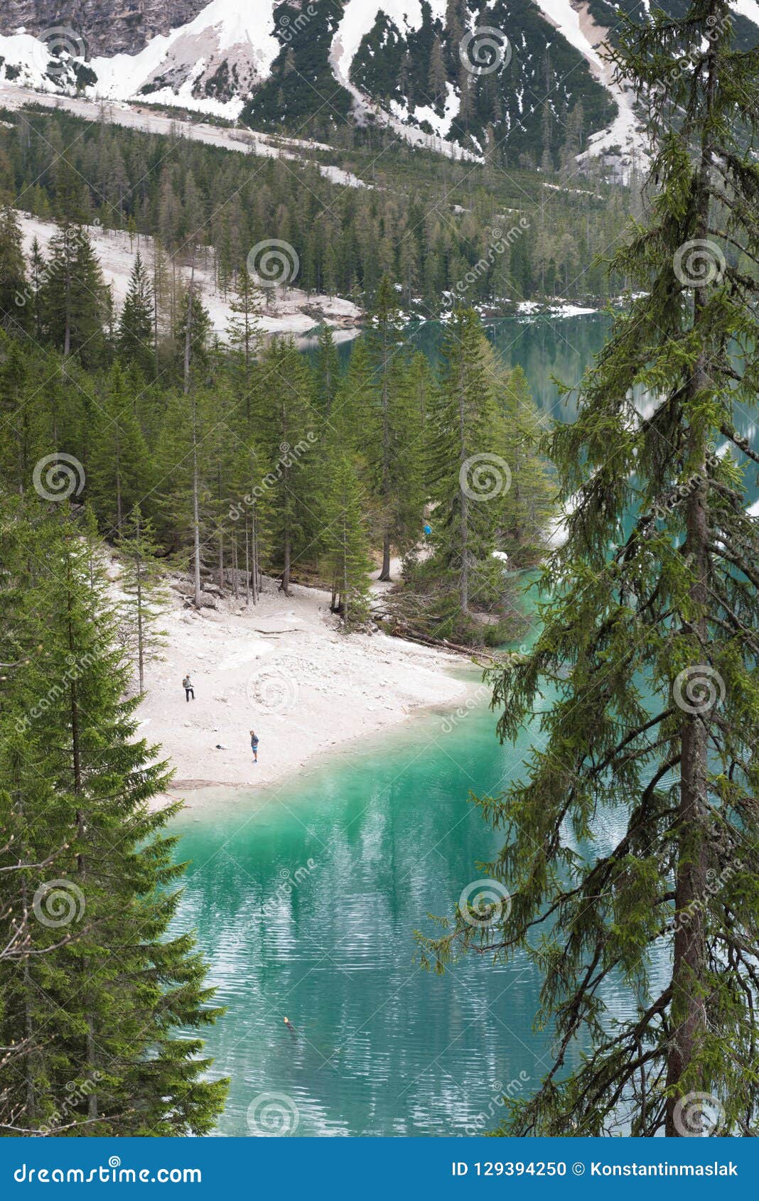 magnificent lake lago di braies. the emerald smooth surface of water reflects the wood and mountains around