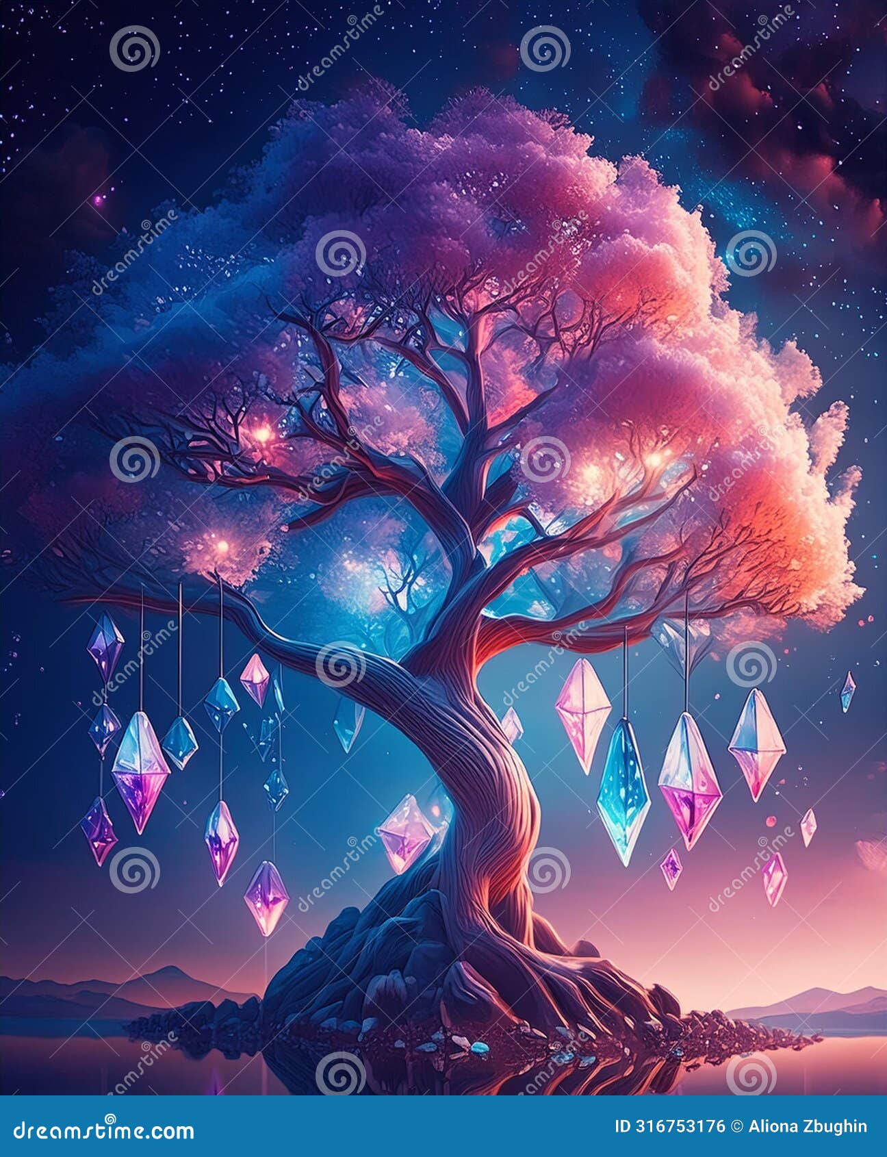 a magnificent tree, its branches reaching skyward, adorned with shimmering colorful crystals