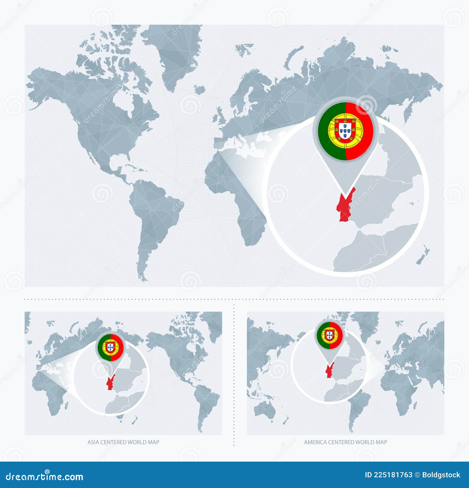 Magnified Portugal Over Map of the World, 3 Versions of the World