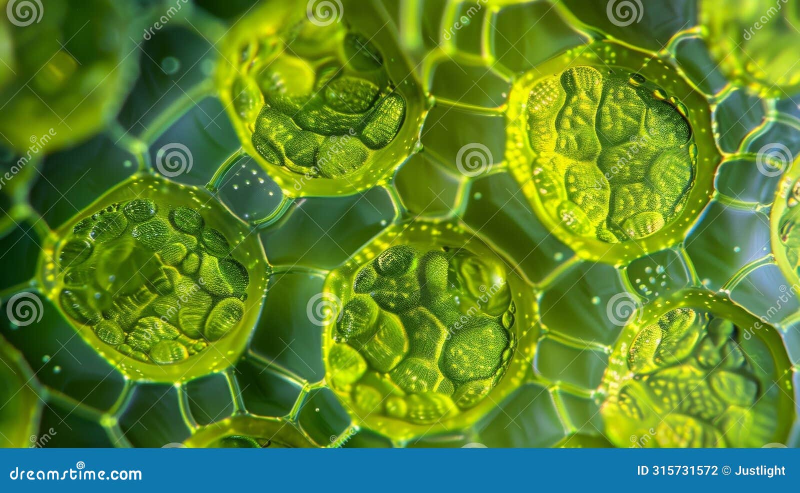 a magnified view of the chloroplasts within an algal cell responsible for photosynthesis and giving the cells their