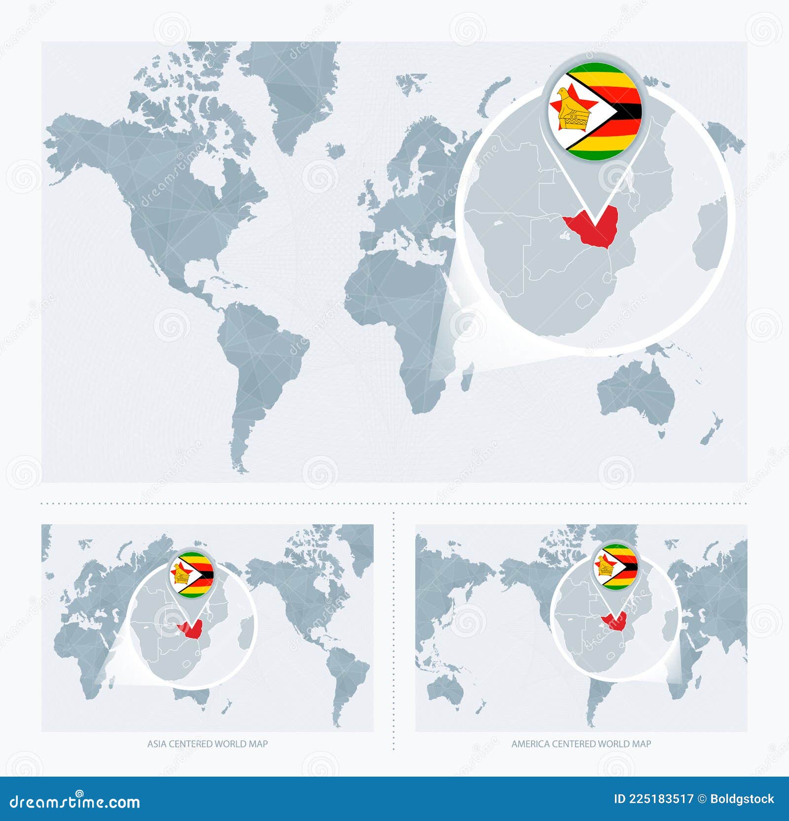 Magnified Zimbabwe Over Map Of The World 3 Versions Of The World Map Magnified Zimbabwe Over Map World Versions Flag Vector Illustration 225183517